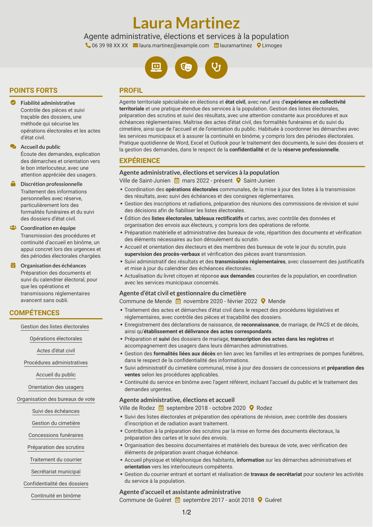 CV Dynamique (format à deux colonnes avec icônes) : Agent administratif - Élections et état civil, page 1