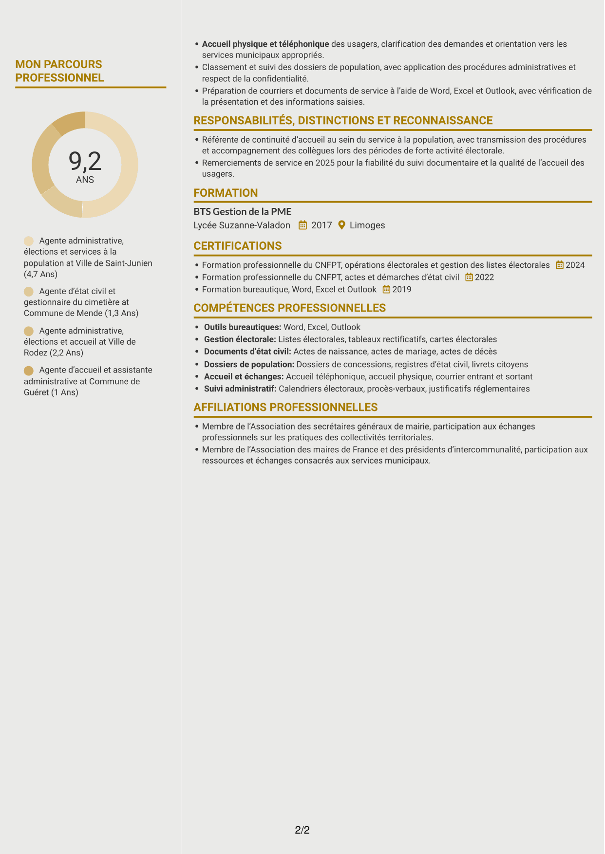 CV Dynamique (format à deux colonnes avec icônes) : Agent administratif - Élections et état civil, page 2