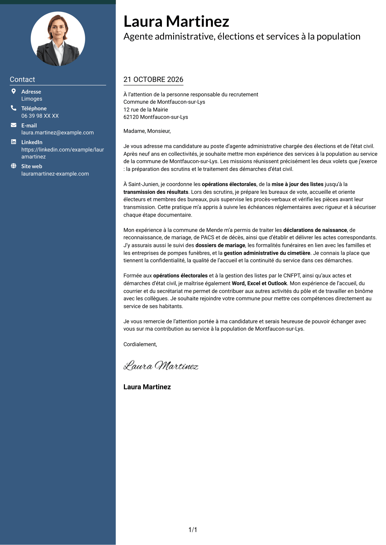 Lettre de motivation Élégant (format à colonne latérale colorée avec photo) : Agent administratif - Élections et état civil, page 1