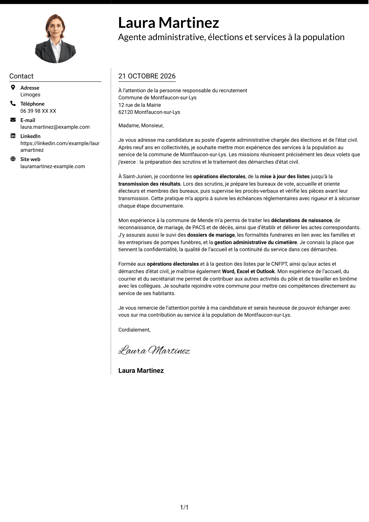 Lettre de motivation Moderne (format à deux colonnes avec photo à gauche et séparateur) : Agent administratif - Élections et état civil, page 1