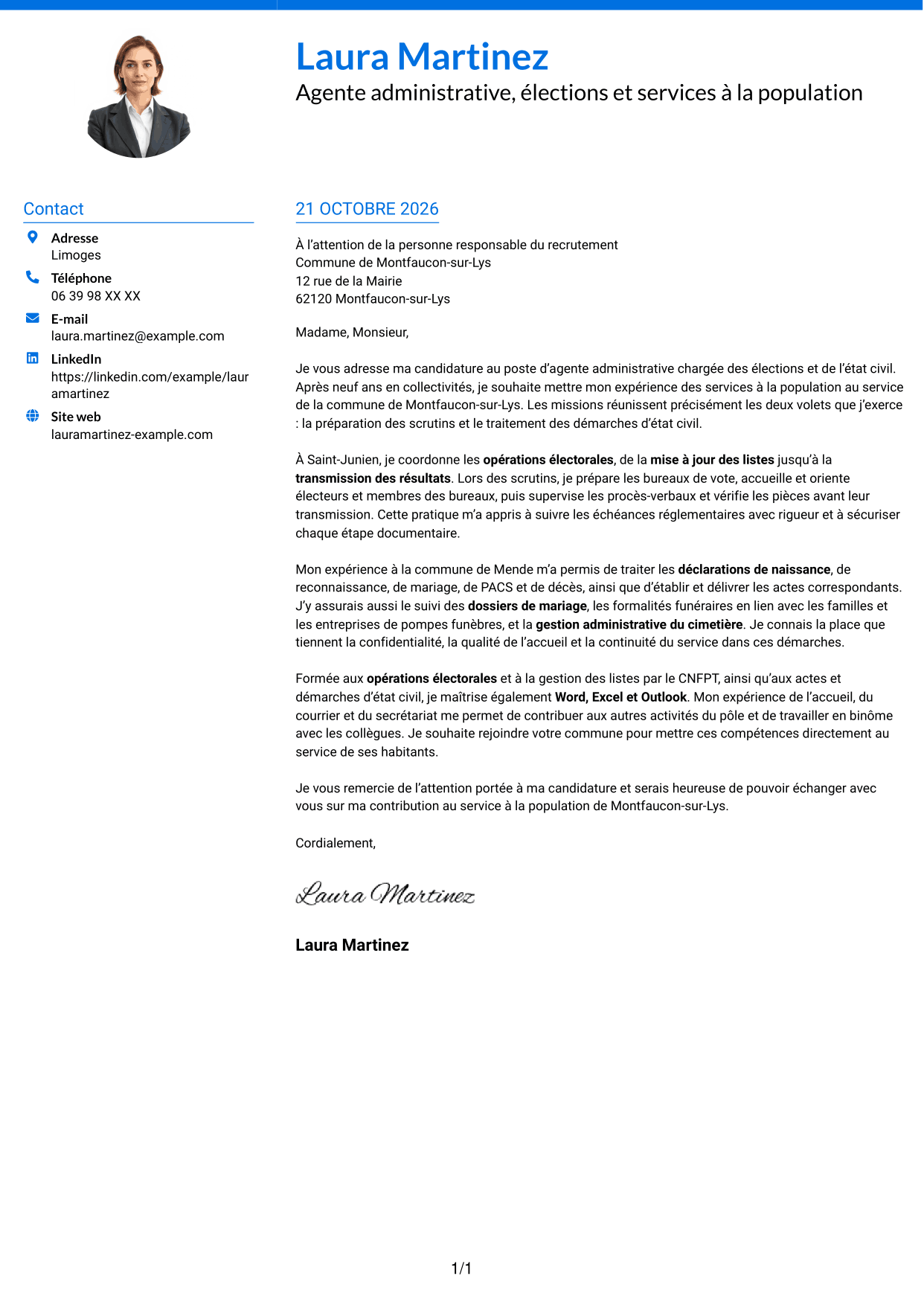 Lettre de motivation Audacieux (format à deux colonnes avec accents colorés et photo) : Agent administratif - Élections et état civil, page 1