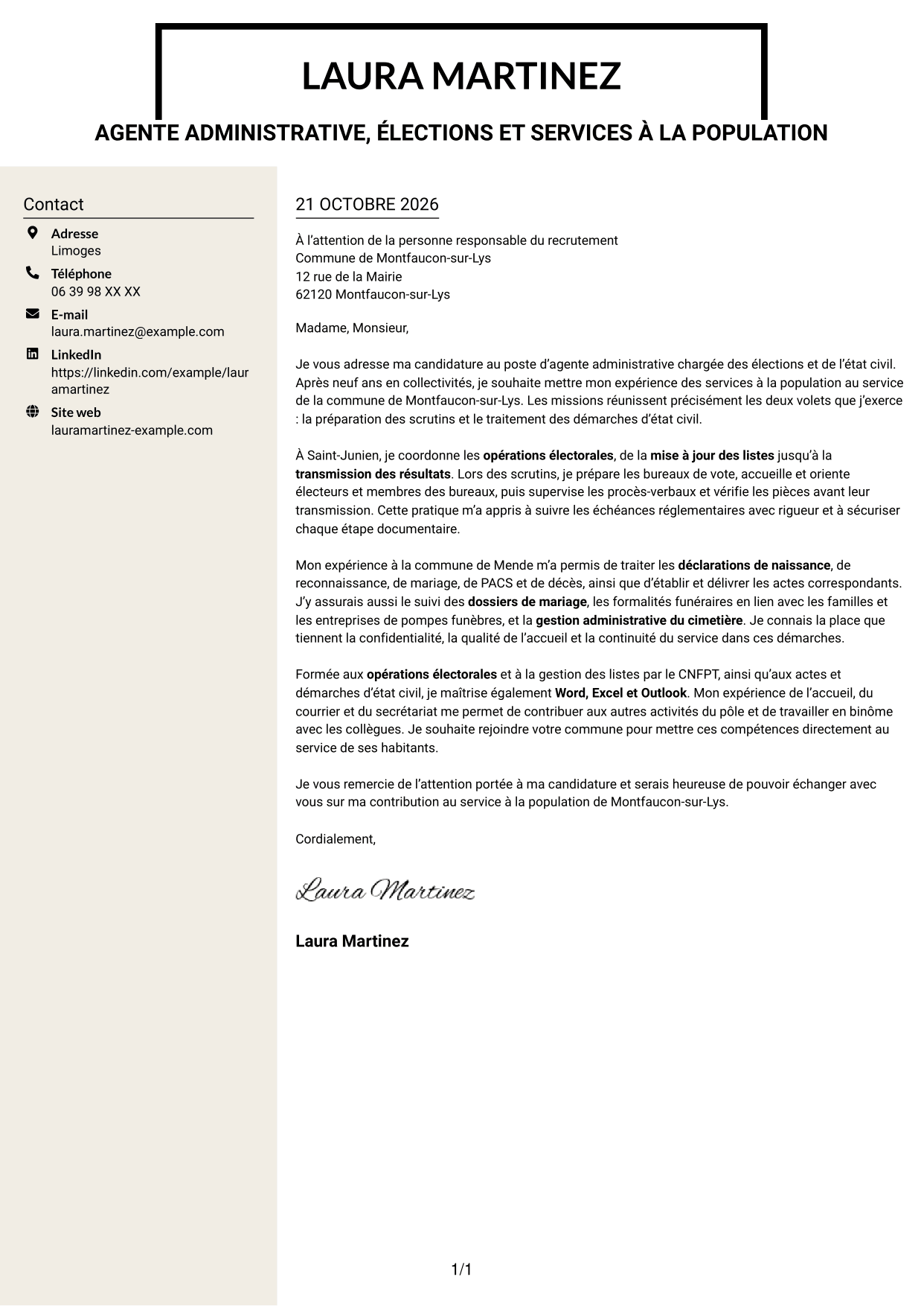 Lettre de motivation Fonceur (format à deux colonnes avec en-tête centré sans photo) : Agent administratif - Élections et état civil, page 1