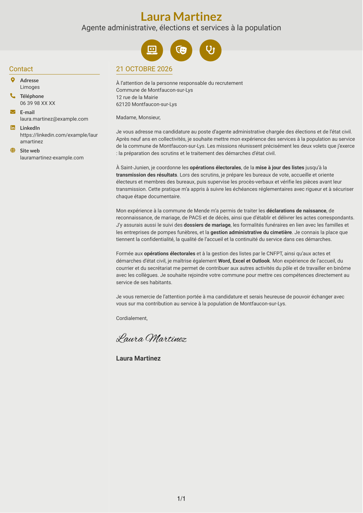 Lettre de motivation Dynamique (format à deux colonnes avec icônes) : Agent administratif - Élections et état civil, page 1
