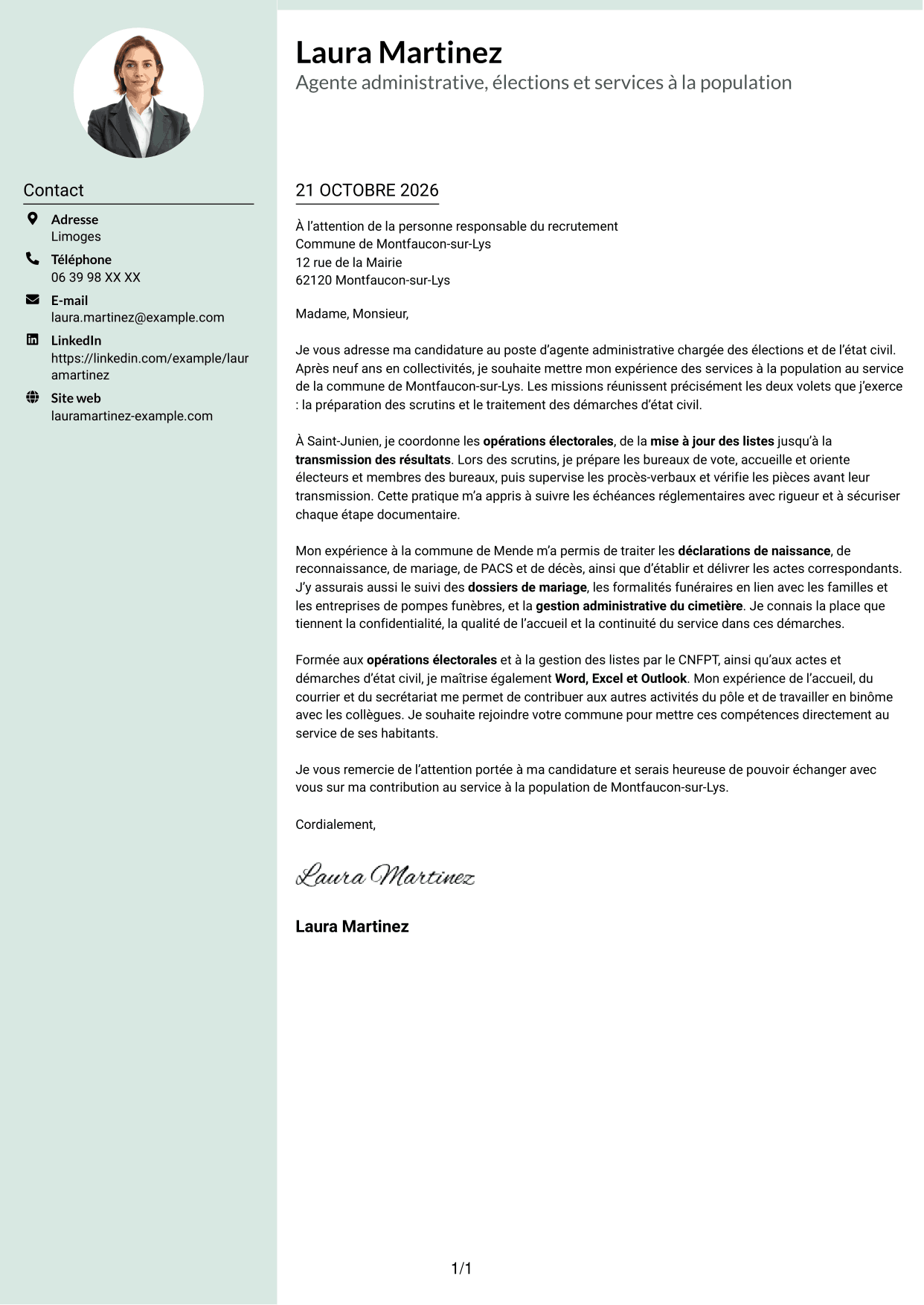Lettre de motivation Cadre (format à colonne latérale douce avec photo arrondie) : Agent administratif - Élections et état civil, page 1