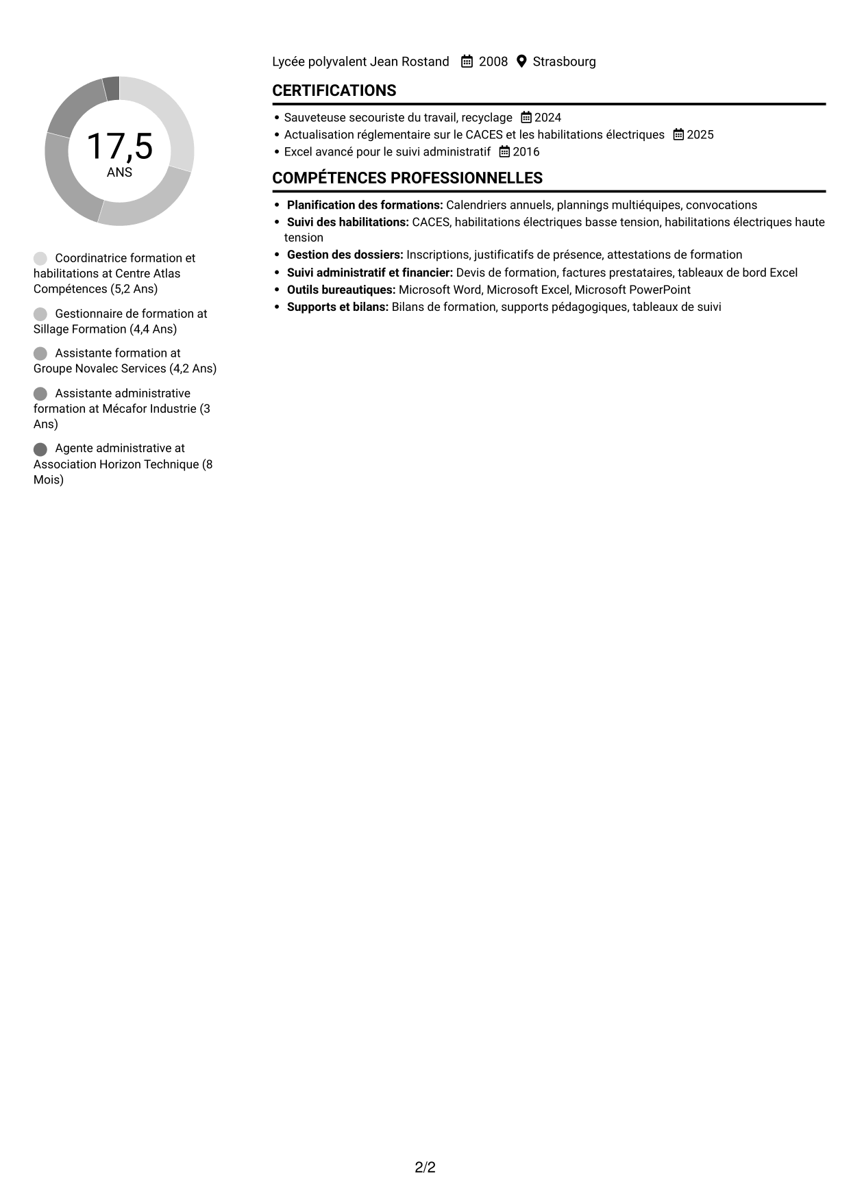 CV Compact (format sobre à deux colonnes avec photo) : Agent chargé de la formation - Formation militaire et habilitations, page 2