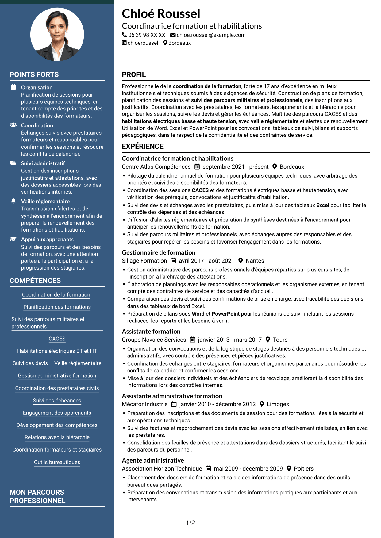CV Élégant (format à colonne latérale colorée avec photo) : Agent chargé de la formation - Formation militaire et habilitations, page 1