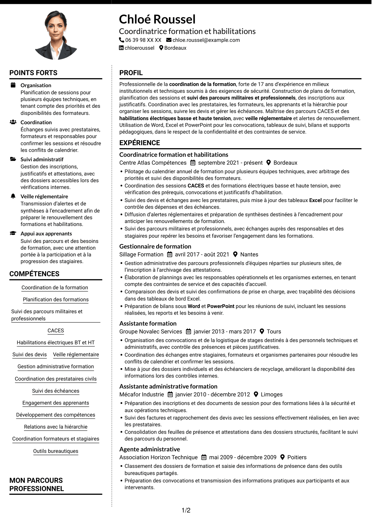 CV Moderne (format à deux colonnes avec photo à gauche et séparateur) : Agent chargé de la formation - Formation militaire et habilitations, page 1