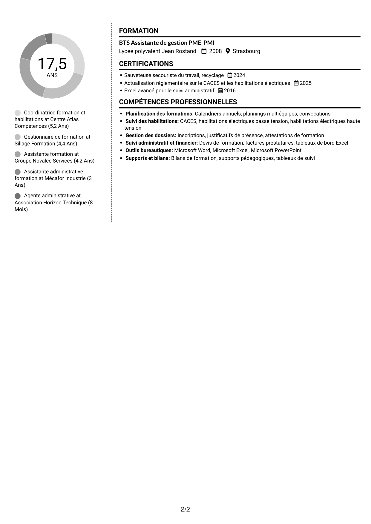 CV Moderne (format à deux colonnes avec photo à gauche et séparateur) : Agent chargé de la formation - Formation militaire et habilitations, page 2