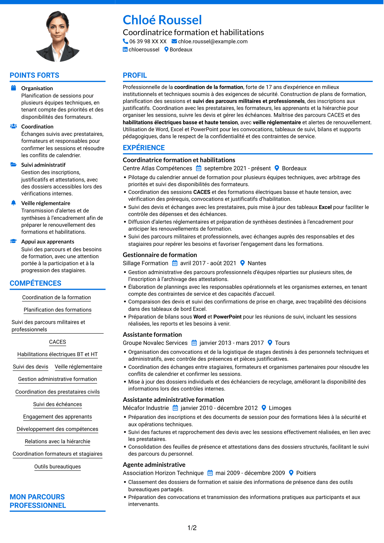 CV Audacieux (format à deux colonnes avec accents colorés et photo) : Agent chargé de la formation - Formation militaire et habilitations, page 1