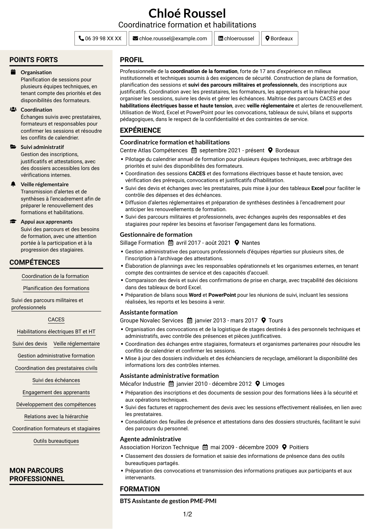 CV Fonceur (format à deux colonnes avec en-tête centré sans photo) : Agent chargé de la formation - Formation militaire et habilitations, page 1
