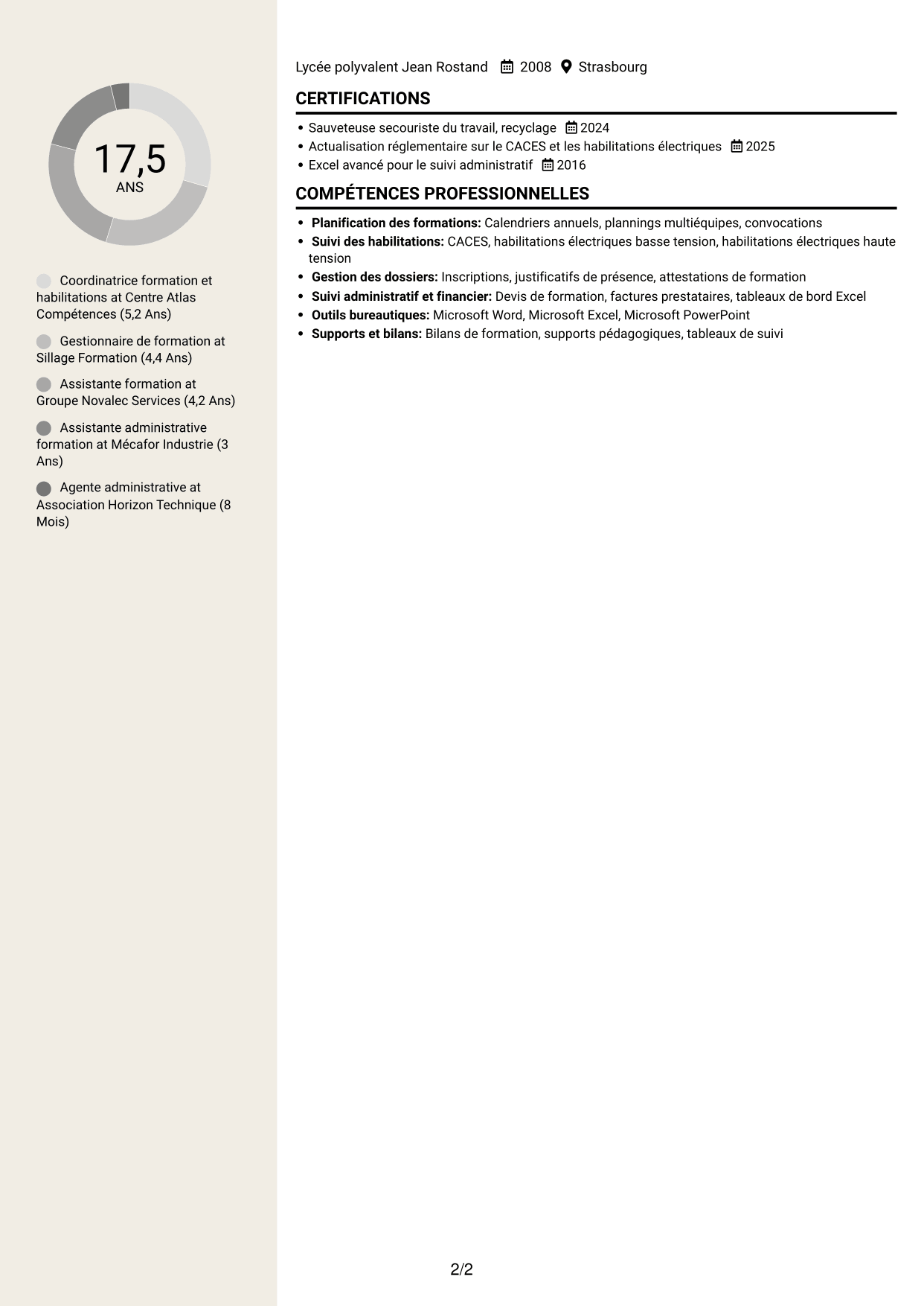 CV Fonceur (format à deux colonnes avec en-tête centré sans photo) : Agent chargé de la formation - Formation militaire et habilitations, page 2