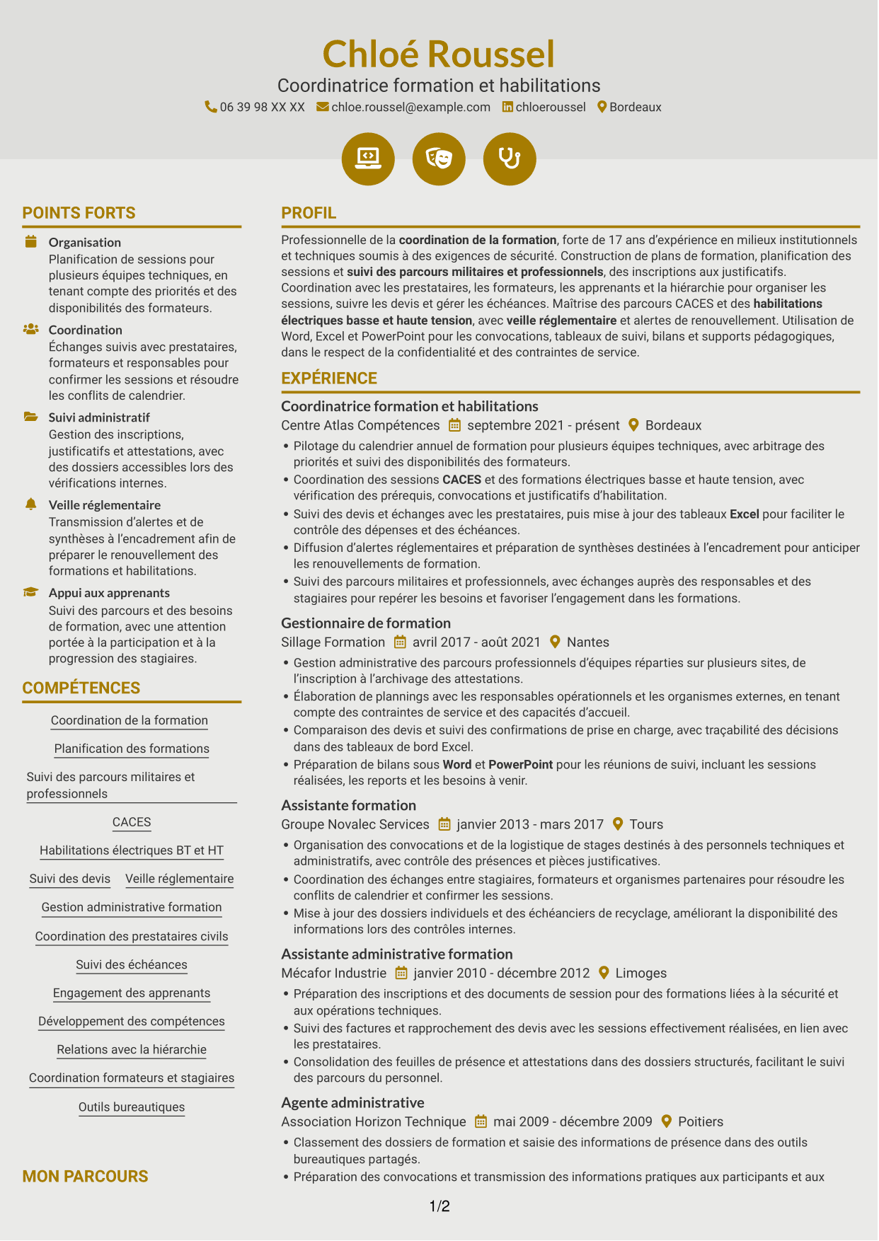 CV Dynamique (format à deux colonnes avec icônes) : Agent chargé de la formation - Formation militaire et habilitations, page 1
