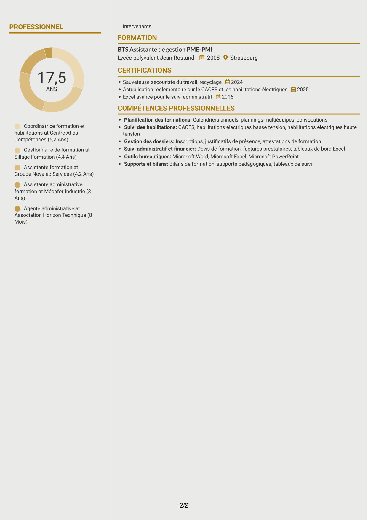 CV Dynamique (format à deux colonnes avec icônes) : Agent chargé de la formation - Formation militaire et habilitations, page 2