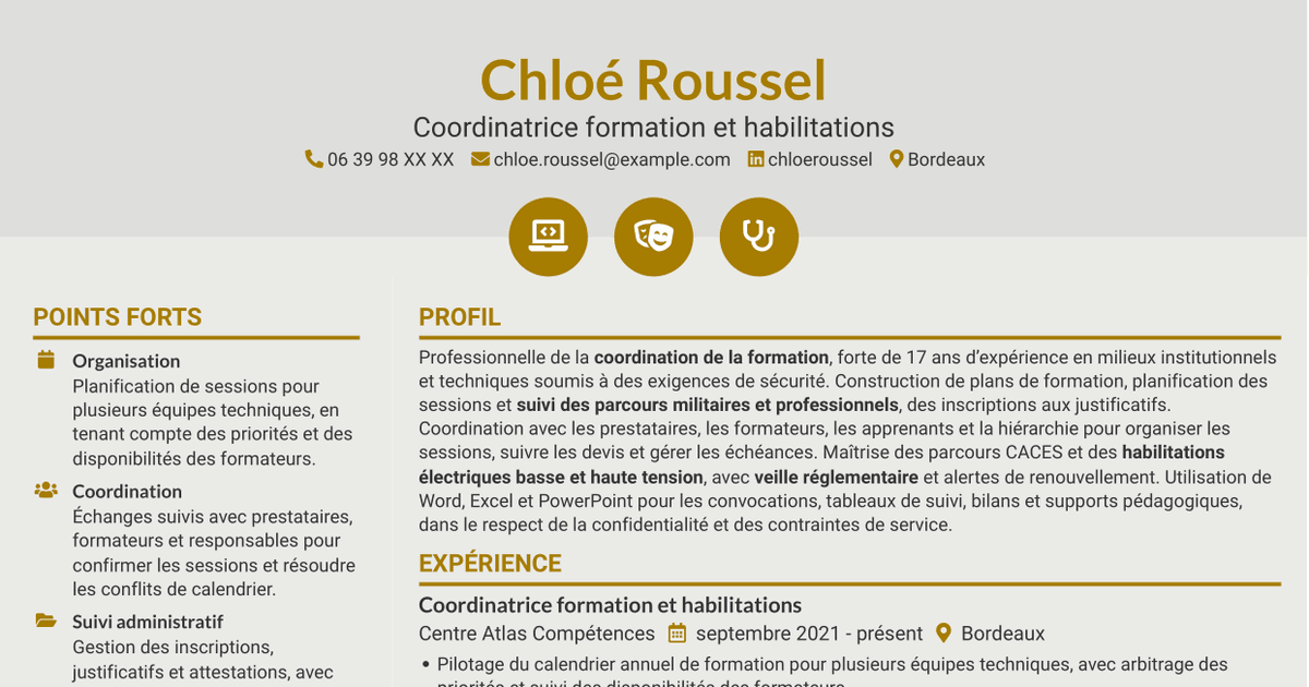 7 modèles de CV pour Agent chargé de la formation - Formation militaire et habilitations, avec exemples
