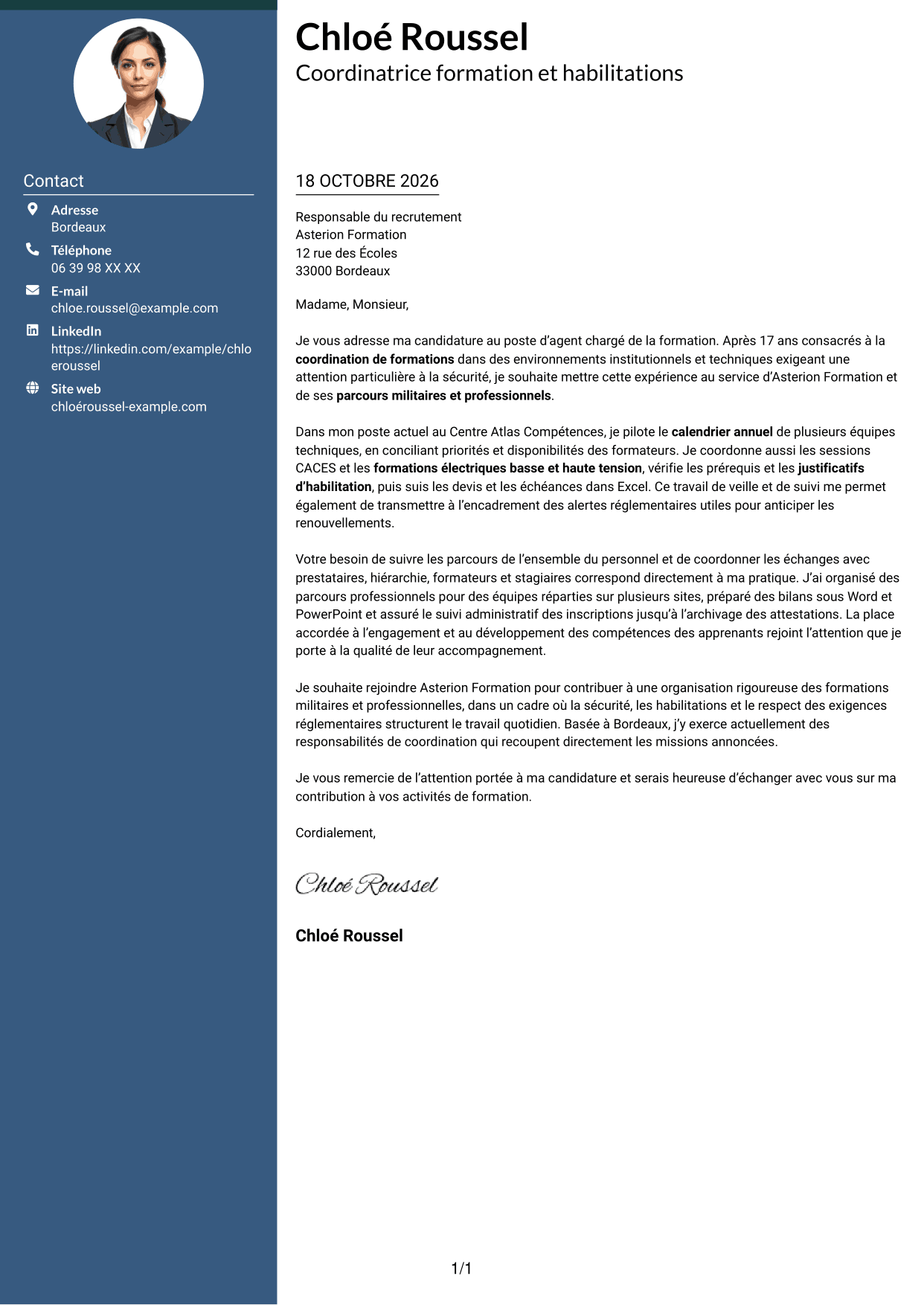 Lettre de motivation Élégant (format à colonne latérale colorée avec photo) : Agent chargé de la formation - Formation militaire et habilitations, page 1
