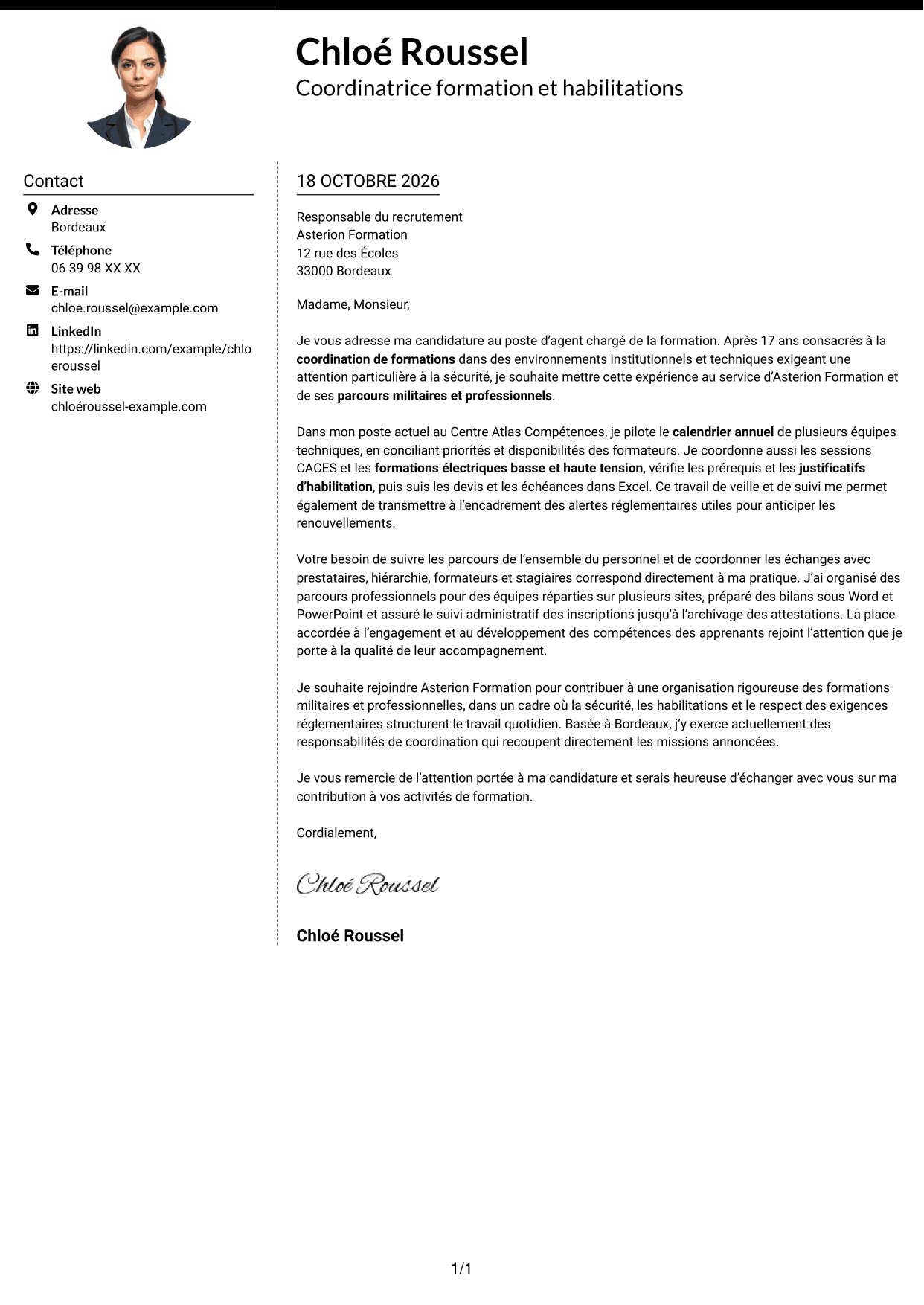 Lettre de motivation Moderne (format à deux colonnes avec photo à gauche et séparateur) : Agent chargé de la formation - Formation militaire et habilitations, page 1