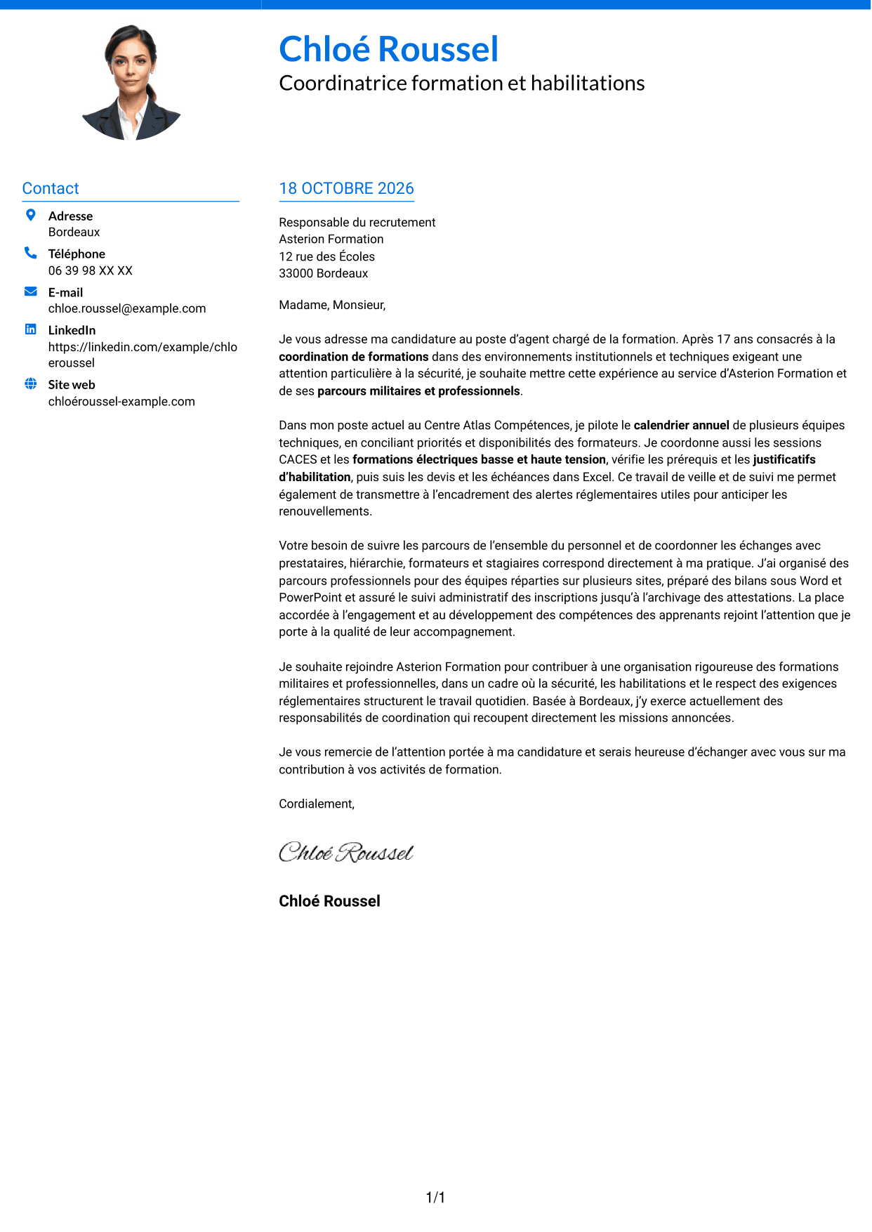 Lettre de motivation Audacieux (format à deux colonnes avec accents colorés et photo) : Agent chargé de la formation - Formation militaire et habilitations, page 1
