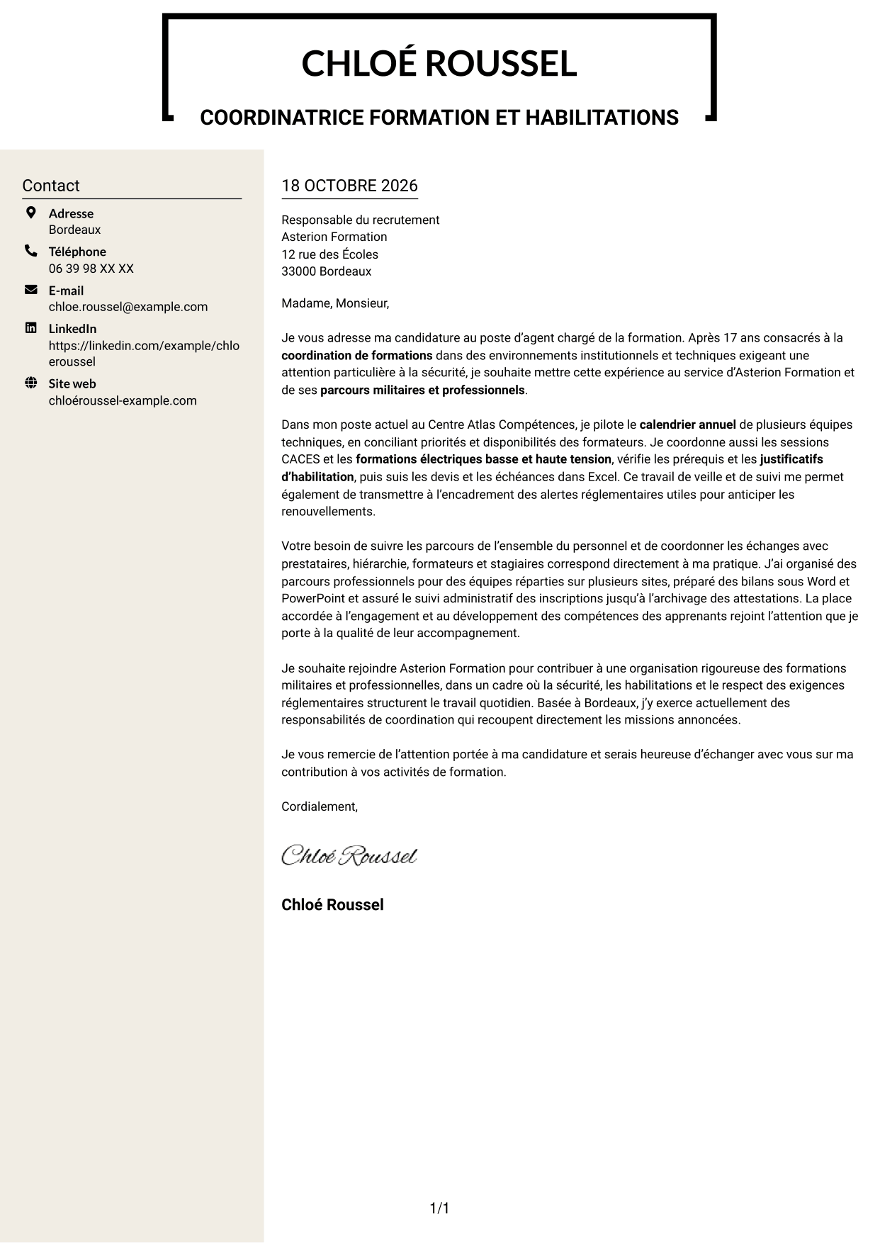 Lettre de motivation Fonceur (format à deux colonnes avec en-tête centré sans photo) : Agent chargé de la formation - Formation militaire et habilitations, page 1