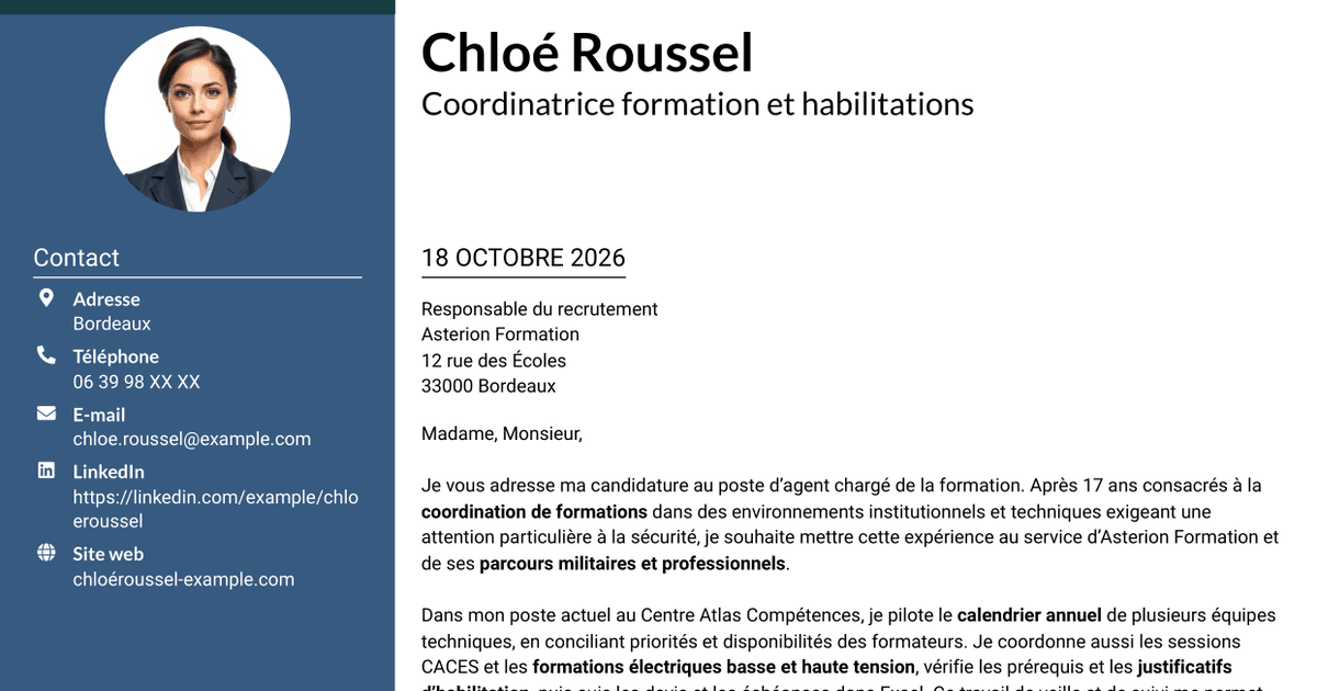 7 modèles de lettre de motivation pour Agent chargé de la formation - Formation militaire et habilitations, avec exemples
