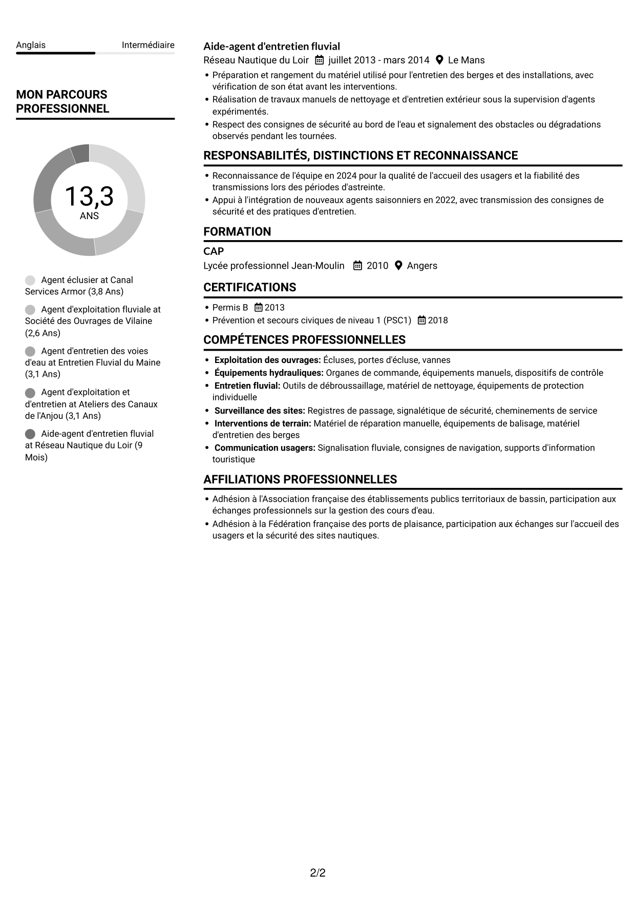 CV Compact (format sobre à deux colonnes avec photo) : Agent éclusier - Exploitation des voies d'eau, page 2