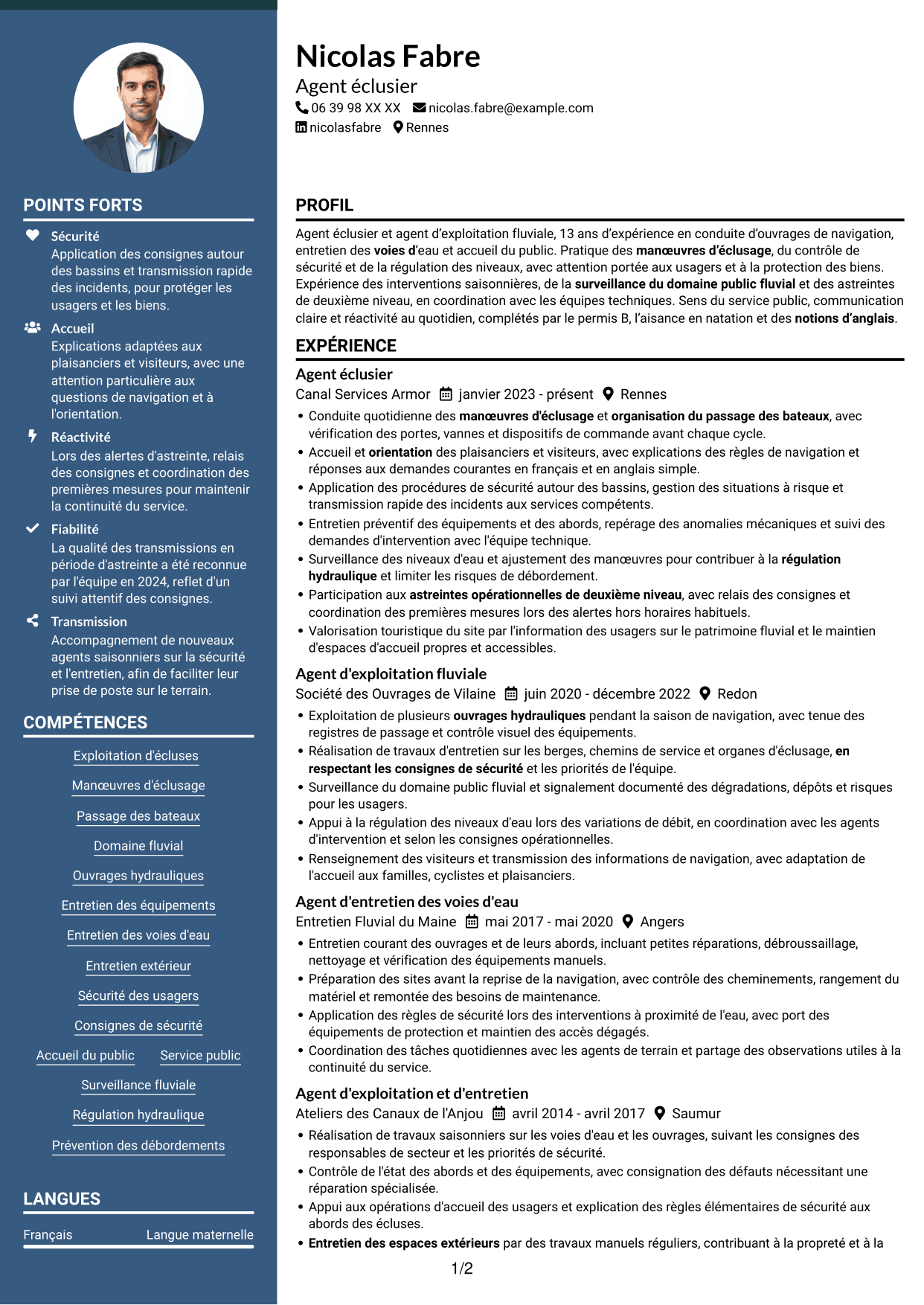 CV Élégant (format à colonne latérale colorée avec photo) : Agent éclusier - Exploitation des voies d'eau, page 1