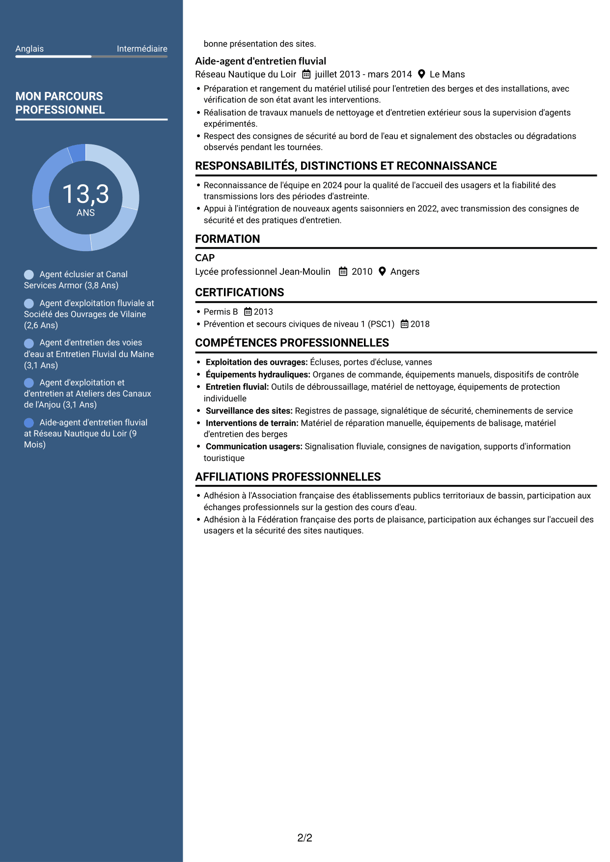 CV Élégant (format à colonne latérale colorée avec photo) : Agent éclusier - Exploitation des voies d'eau, page 2