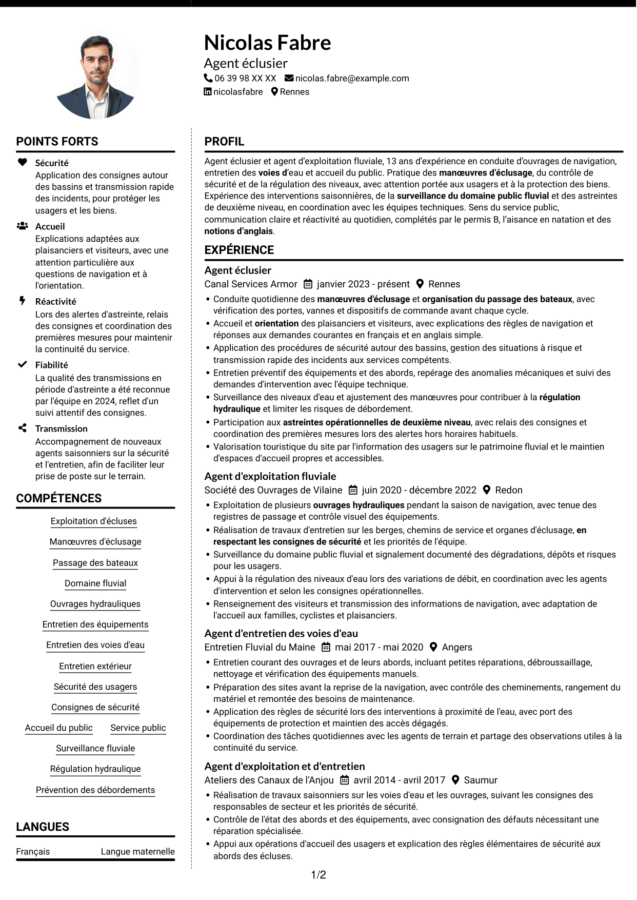 CV Moderne (format à deux colonnes avec photo à gauche et séparateur) : Agent éclusier - Exploitation des voies d'eau, page 1