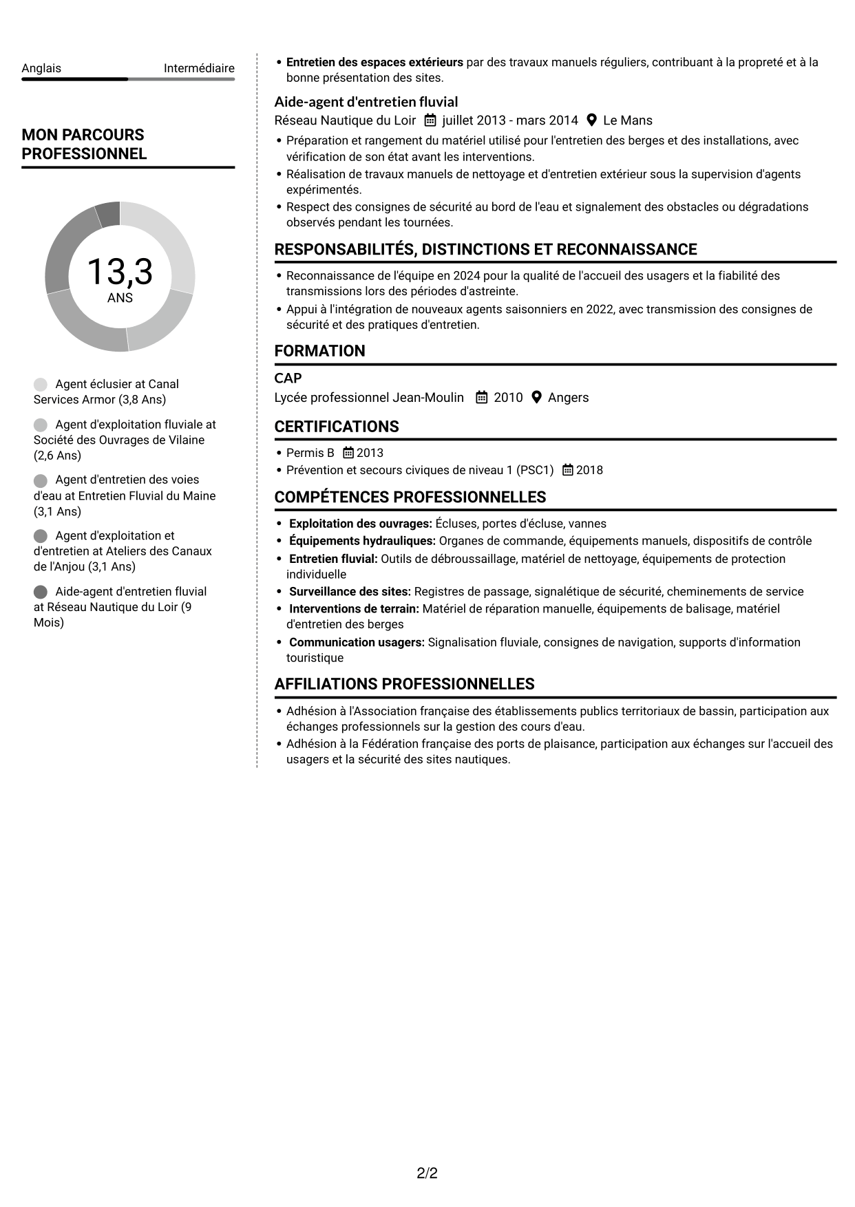 CV Moderne (format à deux colonnes avec photo à gauche et séparateur) : Agent éclusier - Exploitation des voies d'eau, page 2