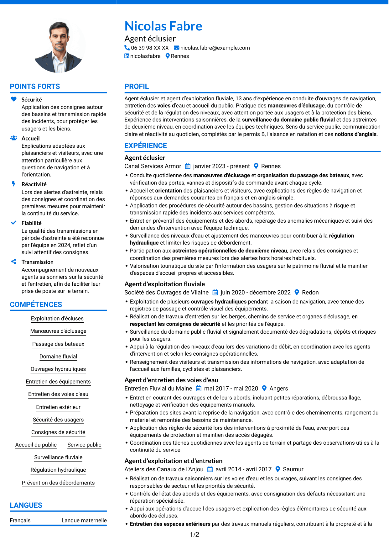 CV Audacieux (format à deux colonnes avec accents colorés et photo) : Agent éclusier - Exploitation des voies d'eau, page 1