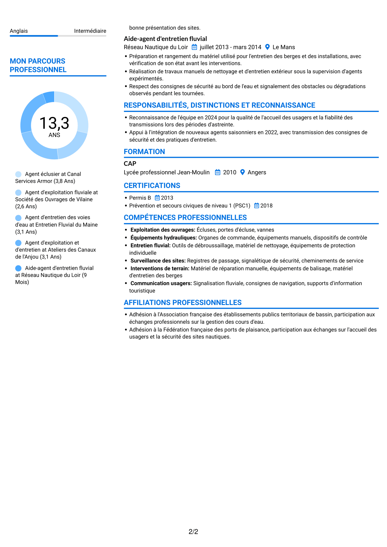 CV Audacieux (format à deux colonnes avec accents colorés et photo) : Agent éclusier - Exploitation des voies d'eau, page 2