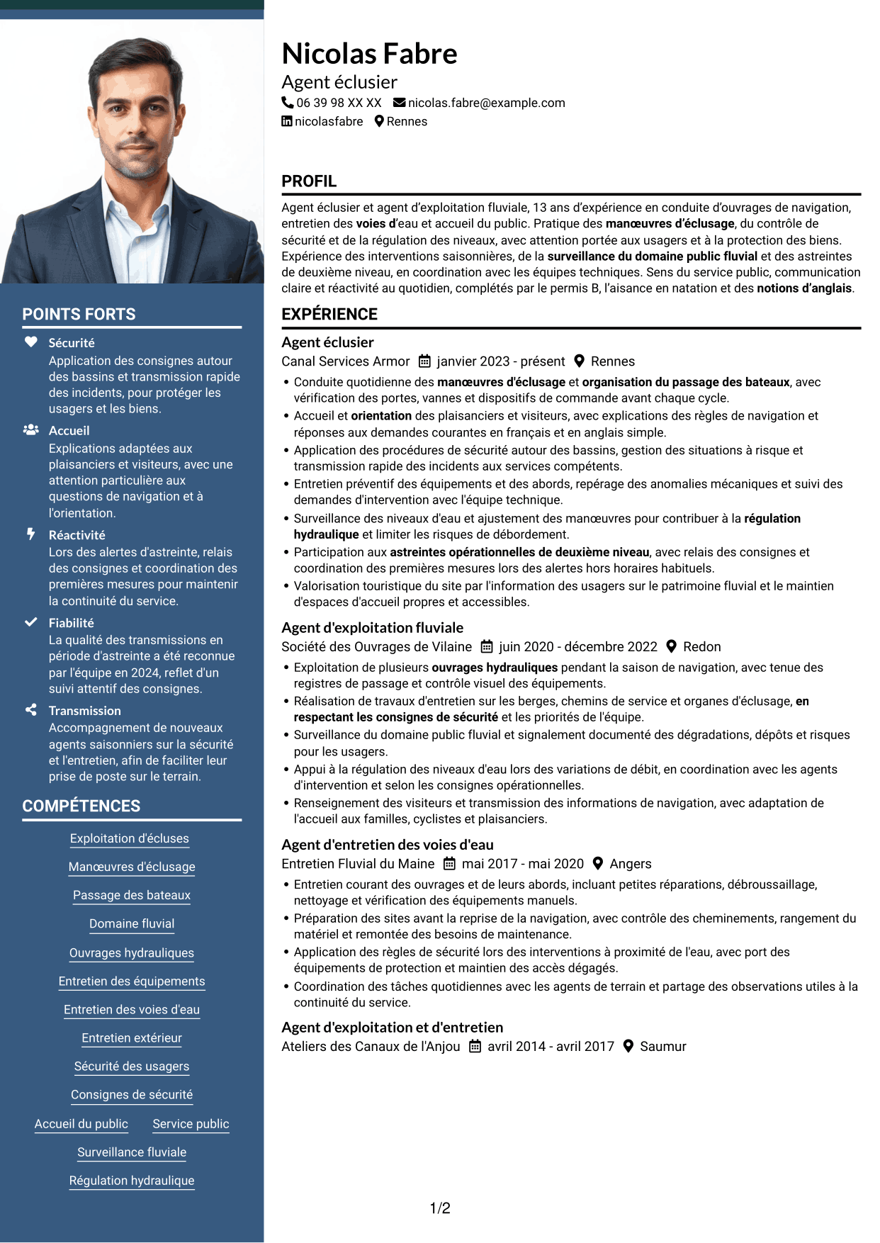 CV Signature (format à colonne latérale colorée avec grande photo) : Agent éclusier - Exploitation des voies d'eau, page 1