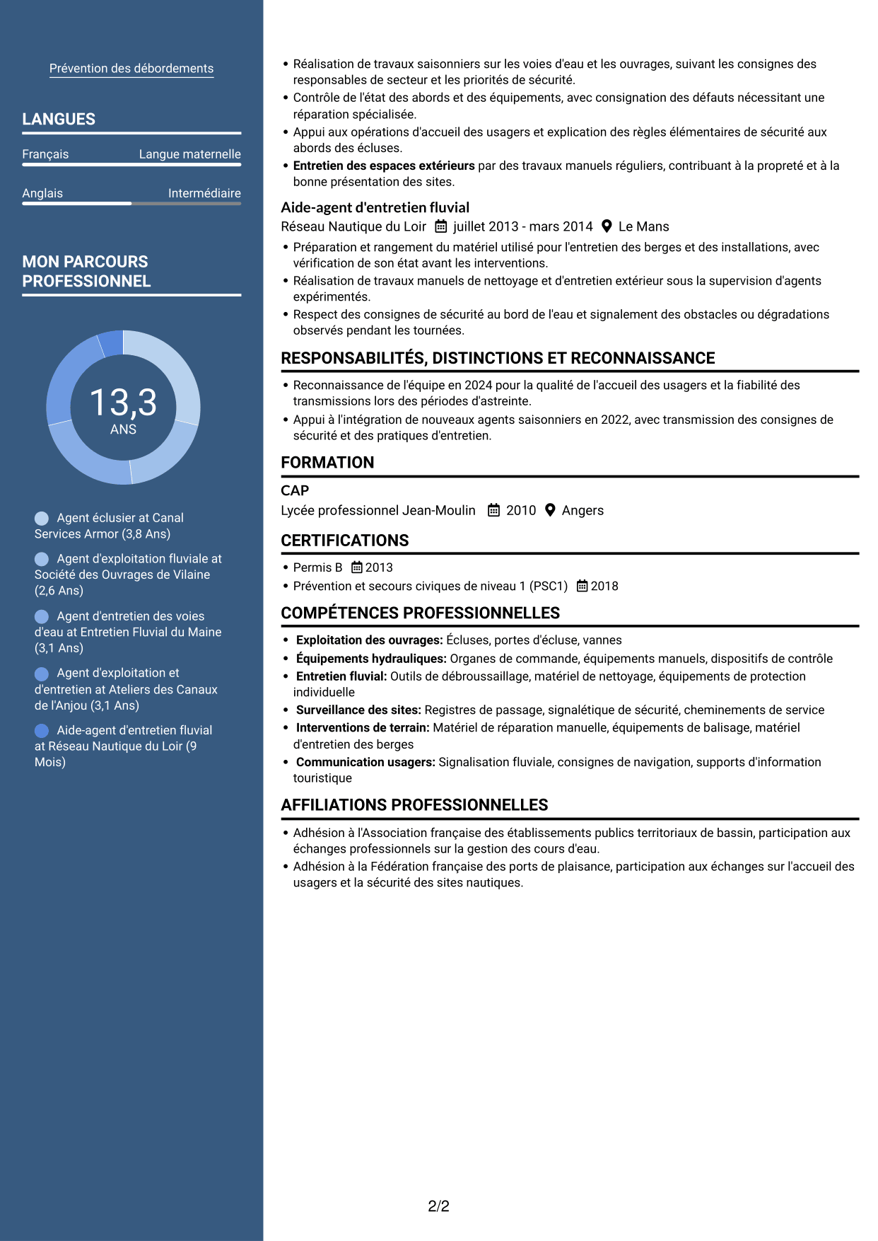 CV Signature (format à colonne latérale colorée avec grande photo) : Agent éclusier - Exploitation des voies d'eau, page 2
