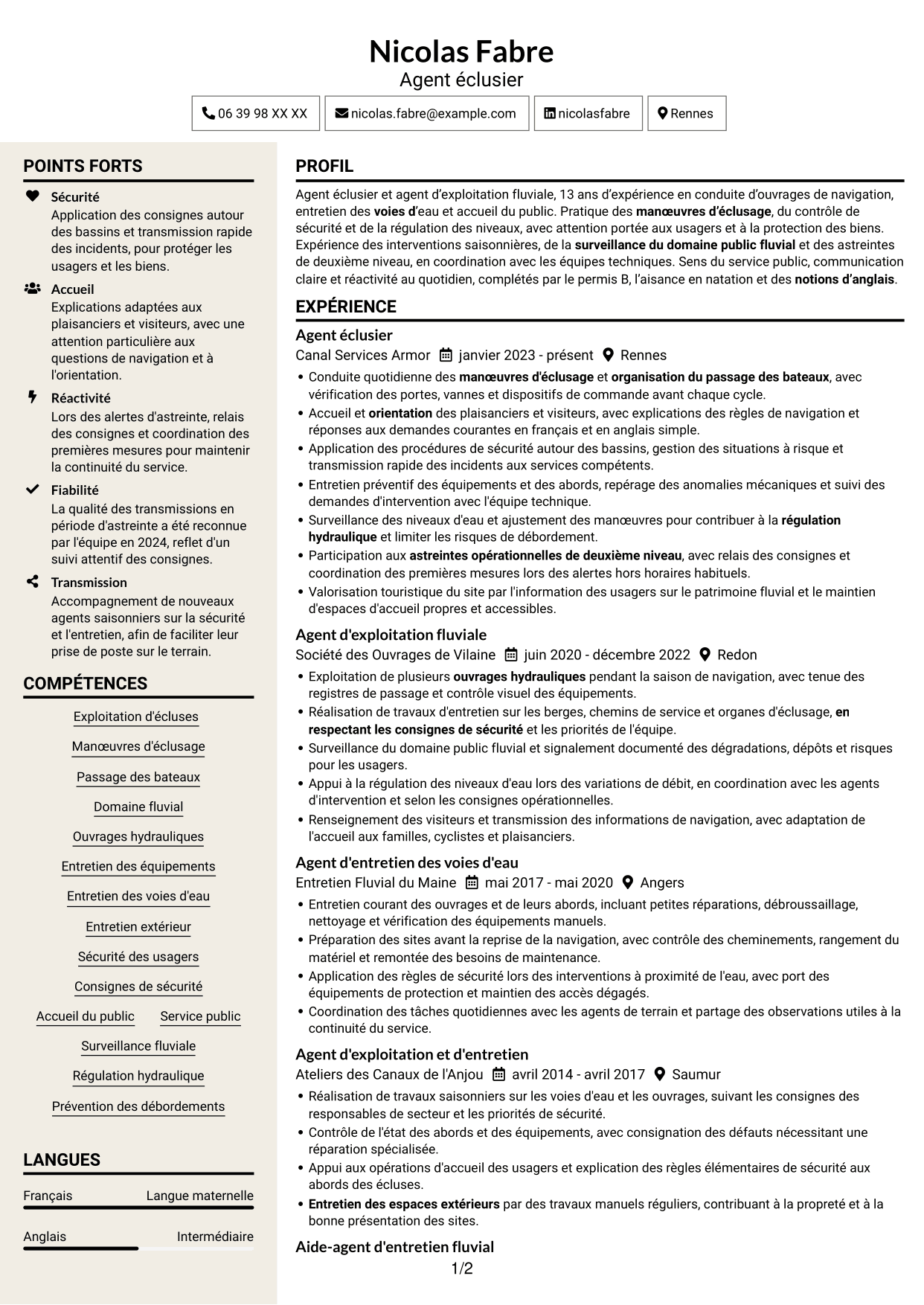 CV Fonceur (format à deux colonnes avec en-tête centré sans photo) : Agent éclusier - Exploitation des voies d'eau, page 1