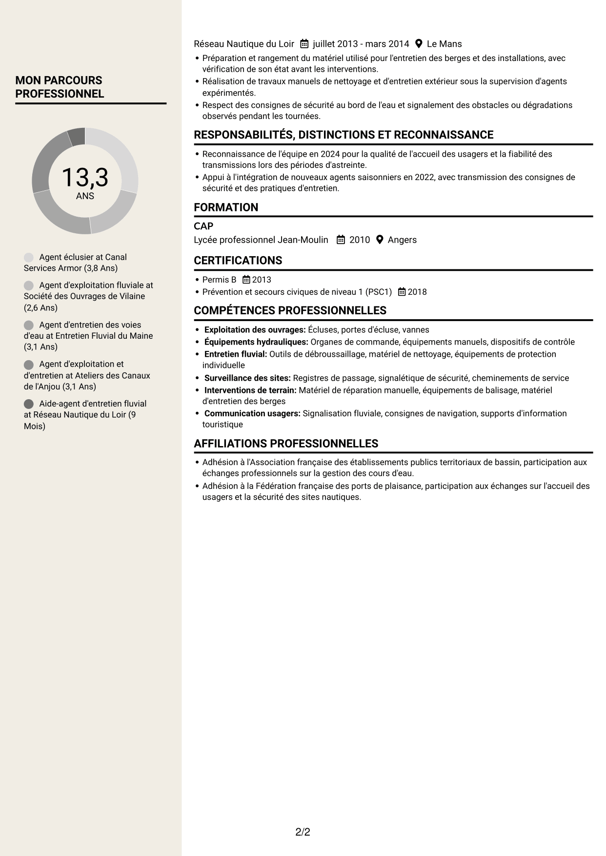 CV Fonceur (format à deux colonnes avec en-tête centré sans photo) : Agent éclusier - Exploitation des voies d'eau, page 2