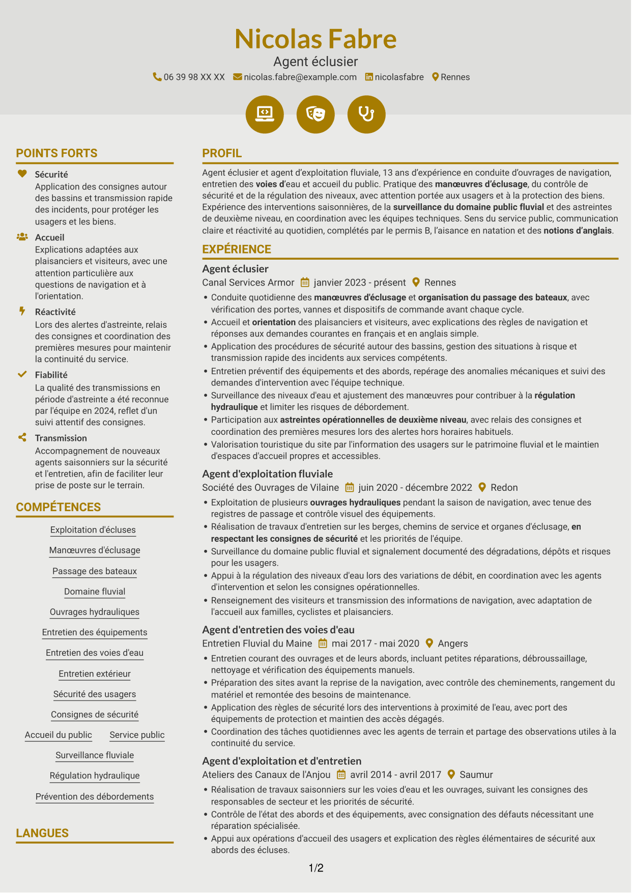 CV Dynamique (format à deux colonnes avec icônes) : Agent éclusier - Exploitation des voies d'eau, page 1