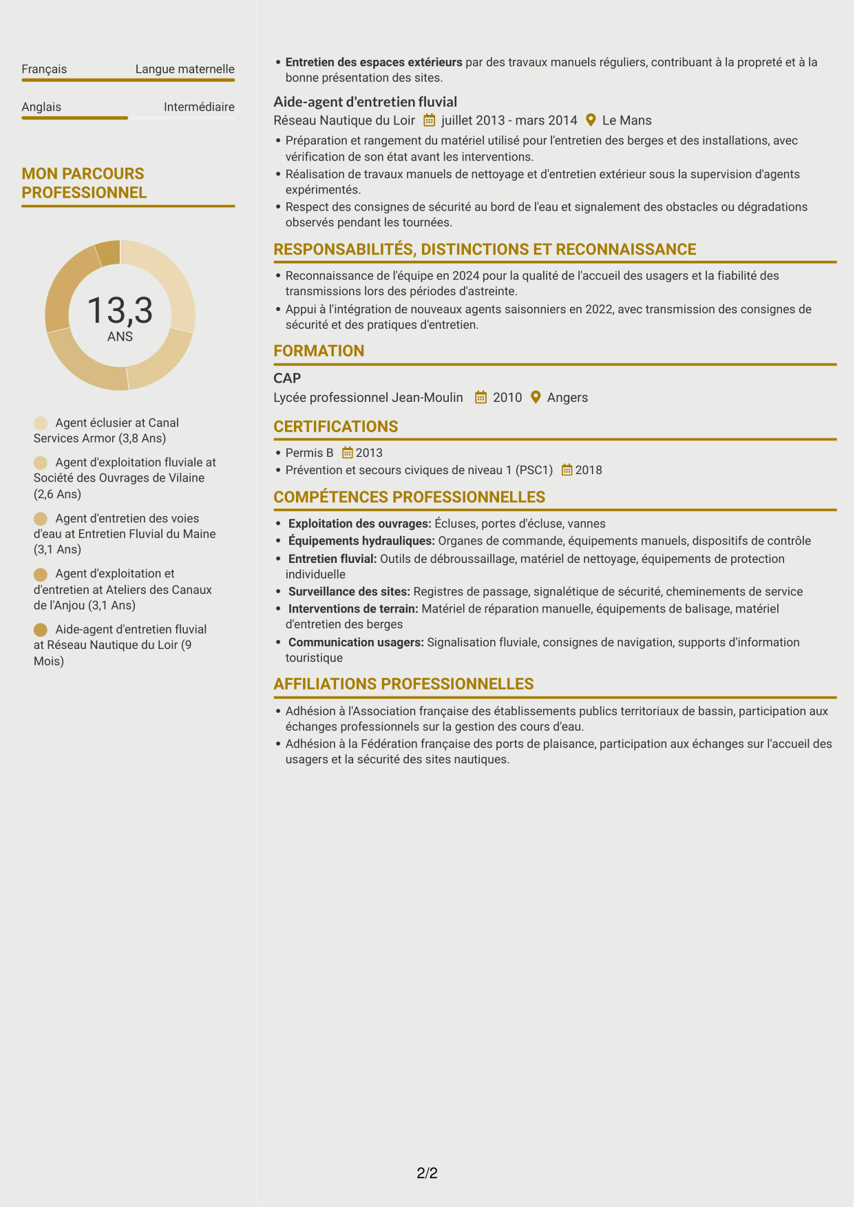 CV Dynamique (format à deux colonnes avec icônes) : Agent éclusier - Exploitation des voies d'eau, page 2