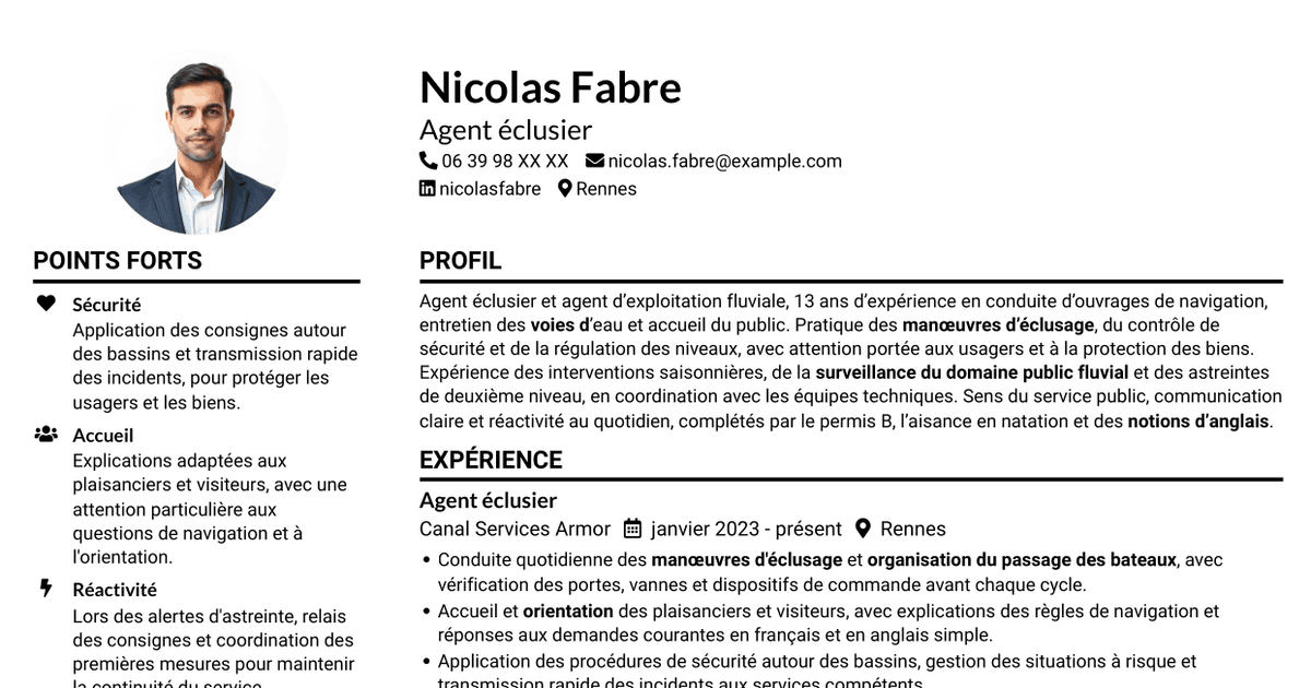 7 modèles de CV pour Agent éclusier - Exploitation des voies d'eau, avec exemples