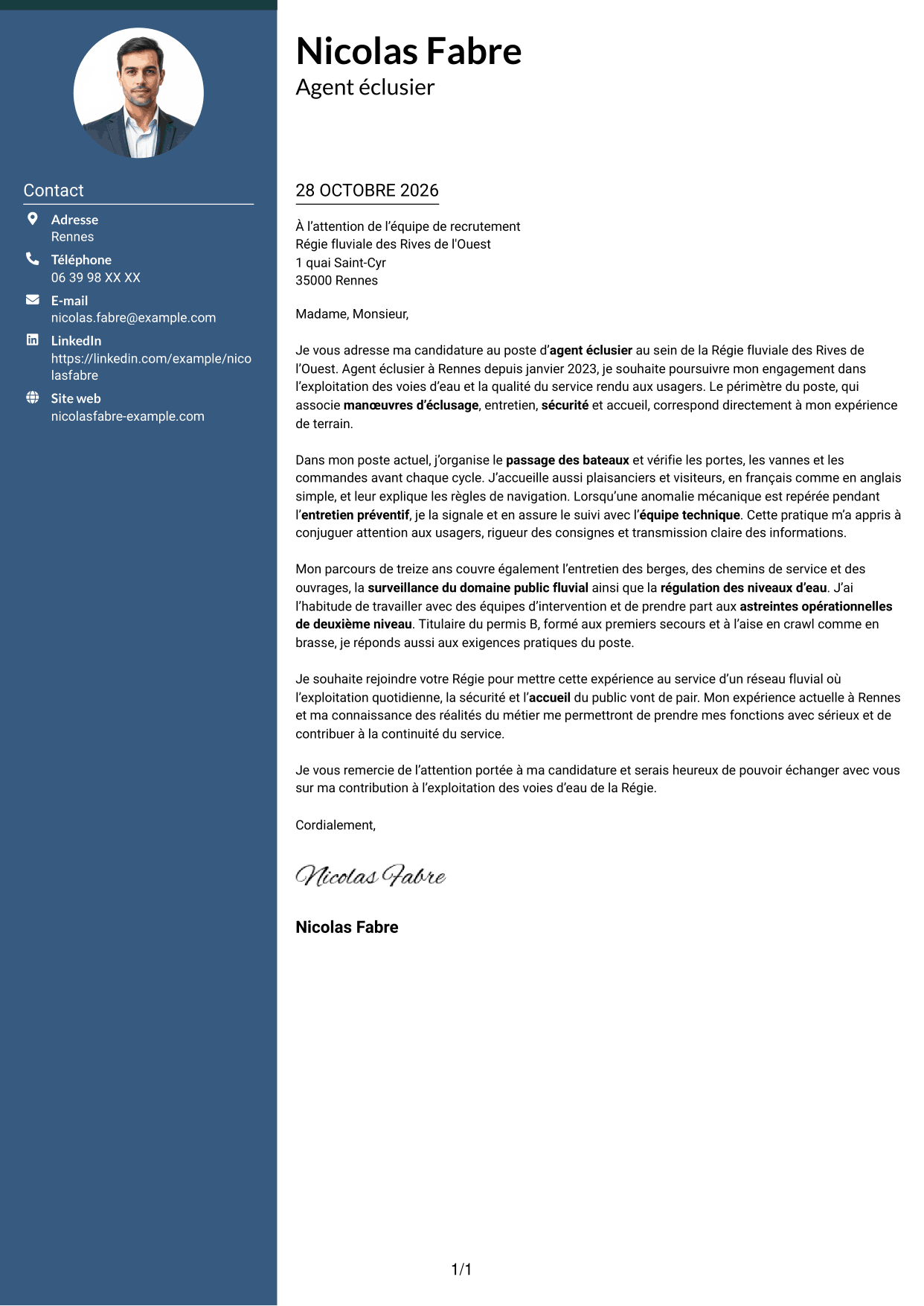 Lettre de motivation Élégant (format à colonne latérale colorée avec photo) : Agent éclusier - Exploitation des voies d'eau, page 1