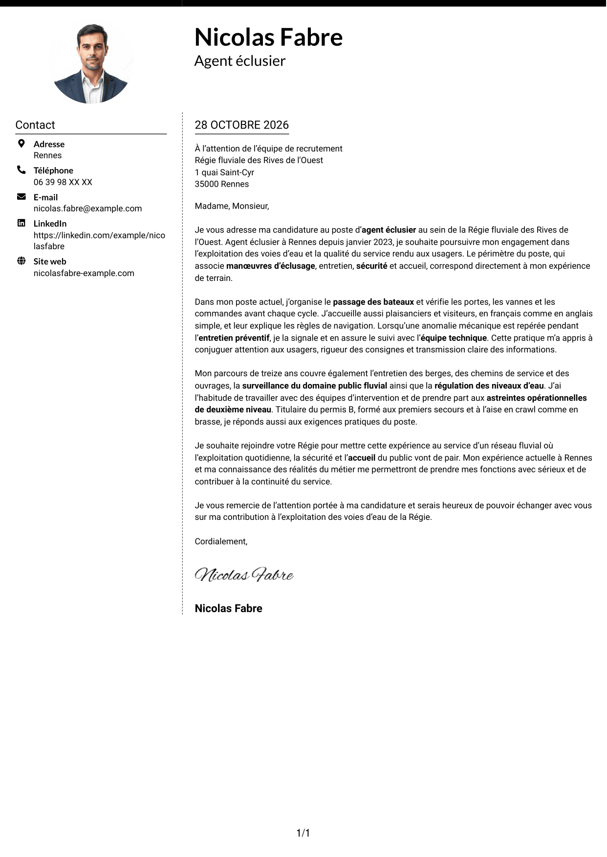 Lettre de motivation Moderne (format à deux colonnes avec photo à gauche et séparateur) : Agent éclusier - Exploitation des voies d'eau, page 1