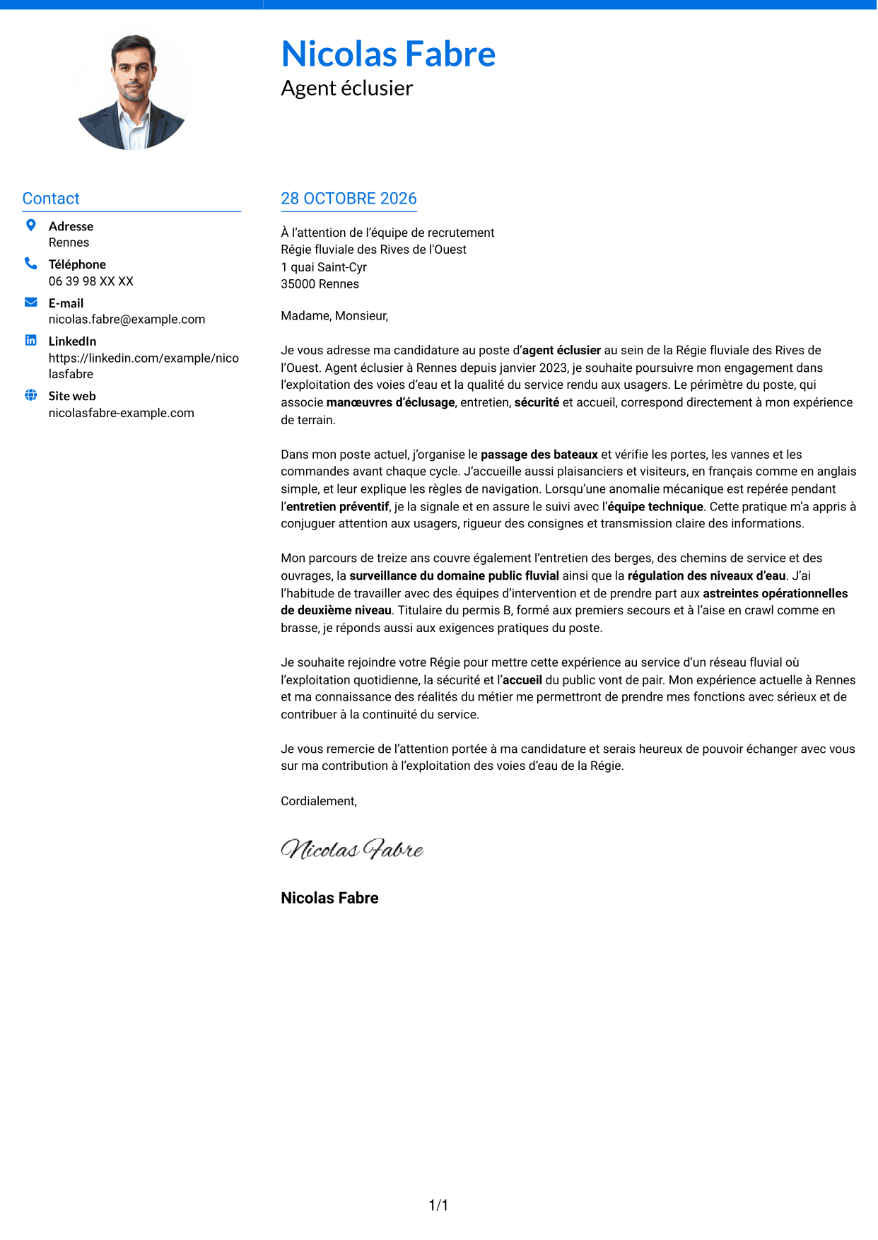 Lettre de motivation Audacieux (format à deux colonnes avec accents colorés et photo) : Agent éclusier - Exploitation des voies d'eau, page 1