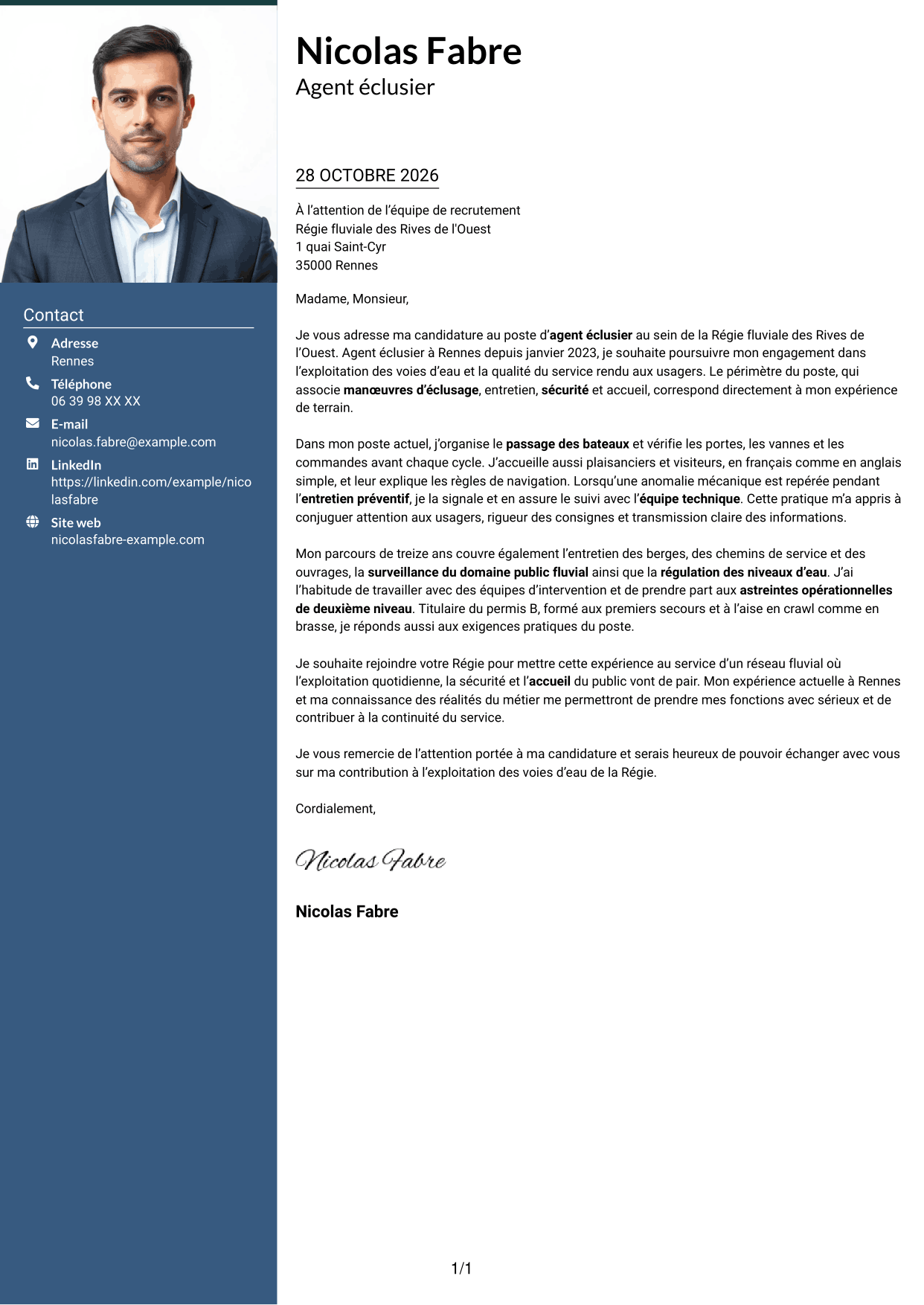 Lettre de motivation Signature (format à colonne latérale colorée avec grande photo) : Agent éclusier - Exploitation des voies d'eau, page 1