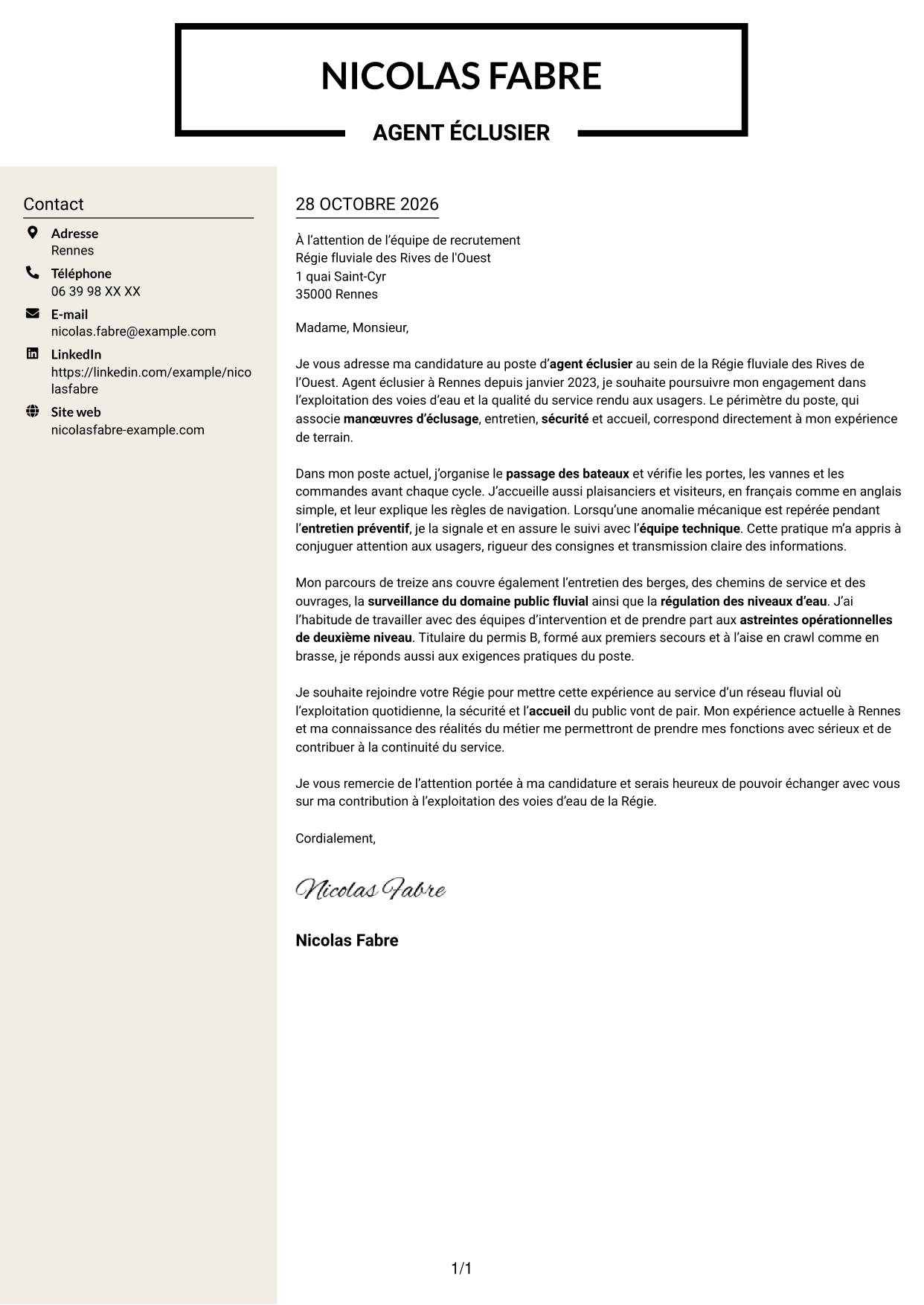 Lettre de motivation Fonceur (format à deux colonnes avec en-tête centré sans photo) : Agent éclusier - Exploitation des voies d'eau, page 1