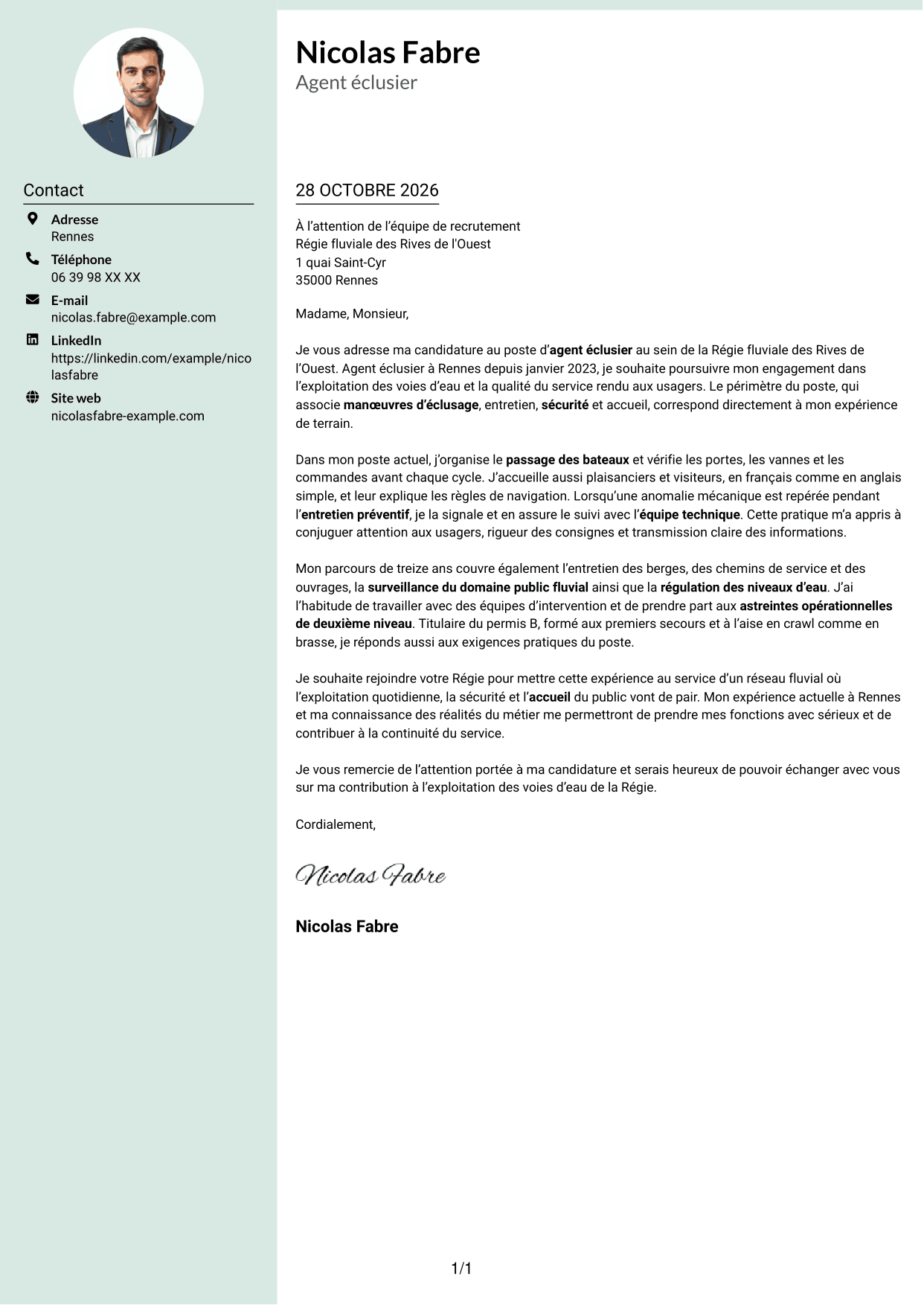 Lettre de motivation Cadre (format à colonne latérale douce avec photo arrondie) : Agent éclusier - Exploitation des voies d'eau, page 1
