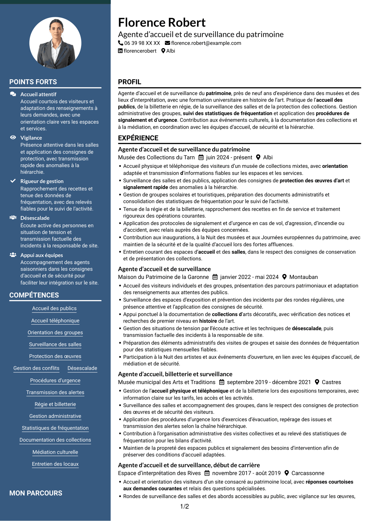 CV Élégant (format à colonne latérale colorée avec photo) : Agent d’accueil et de surveillance du patrimoine, page 1