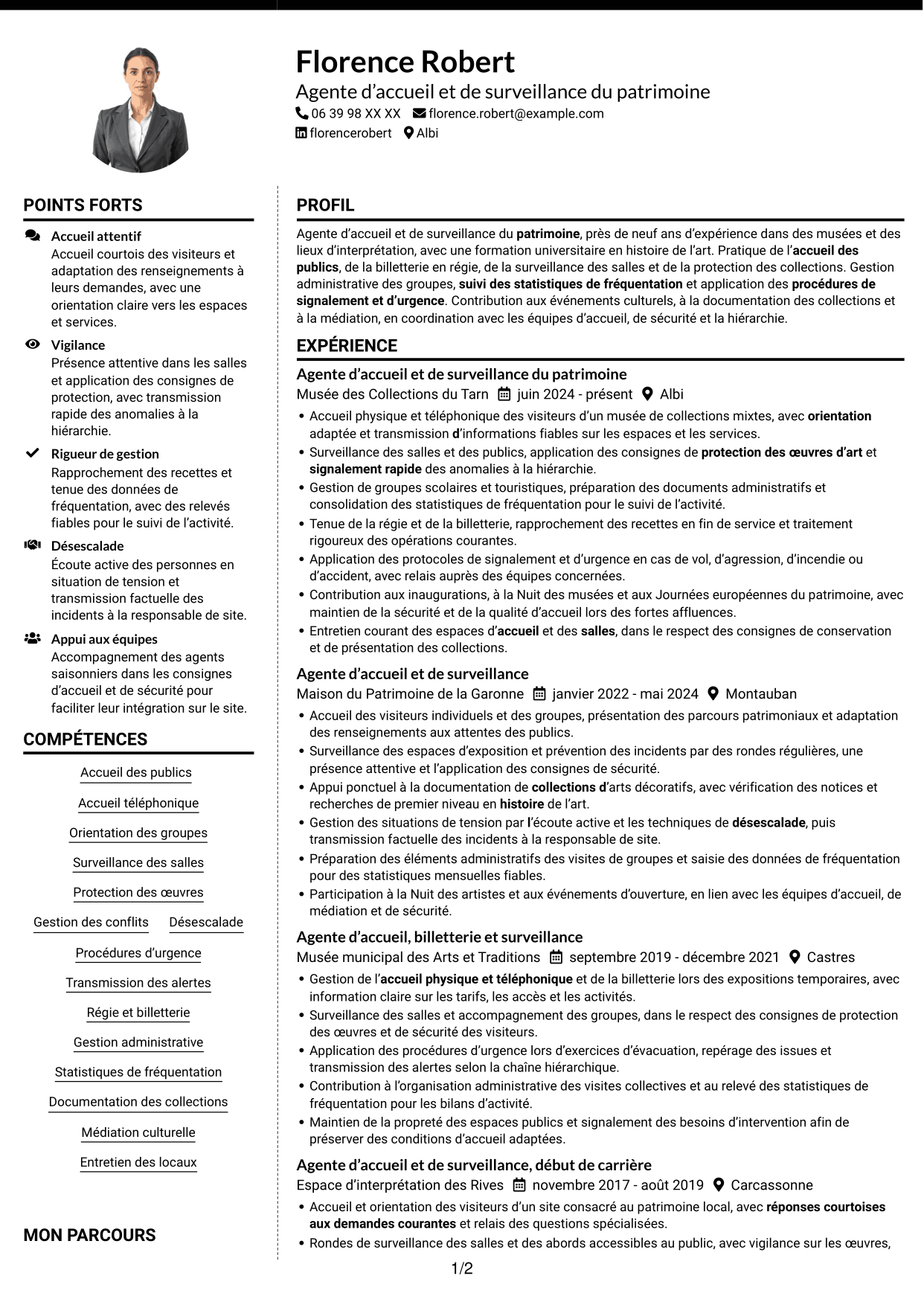 CV Moderne (format à deux colonnes avec photo à gauche et séparateur) : Agent d’accueil et de surveillance du patrimoine, page 1