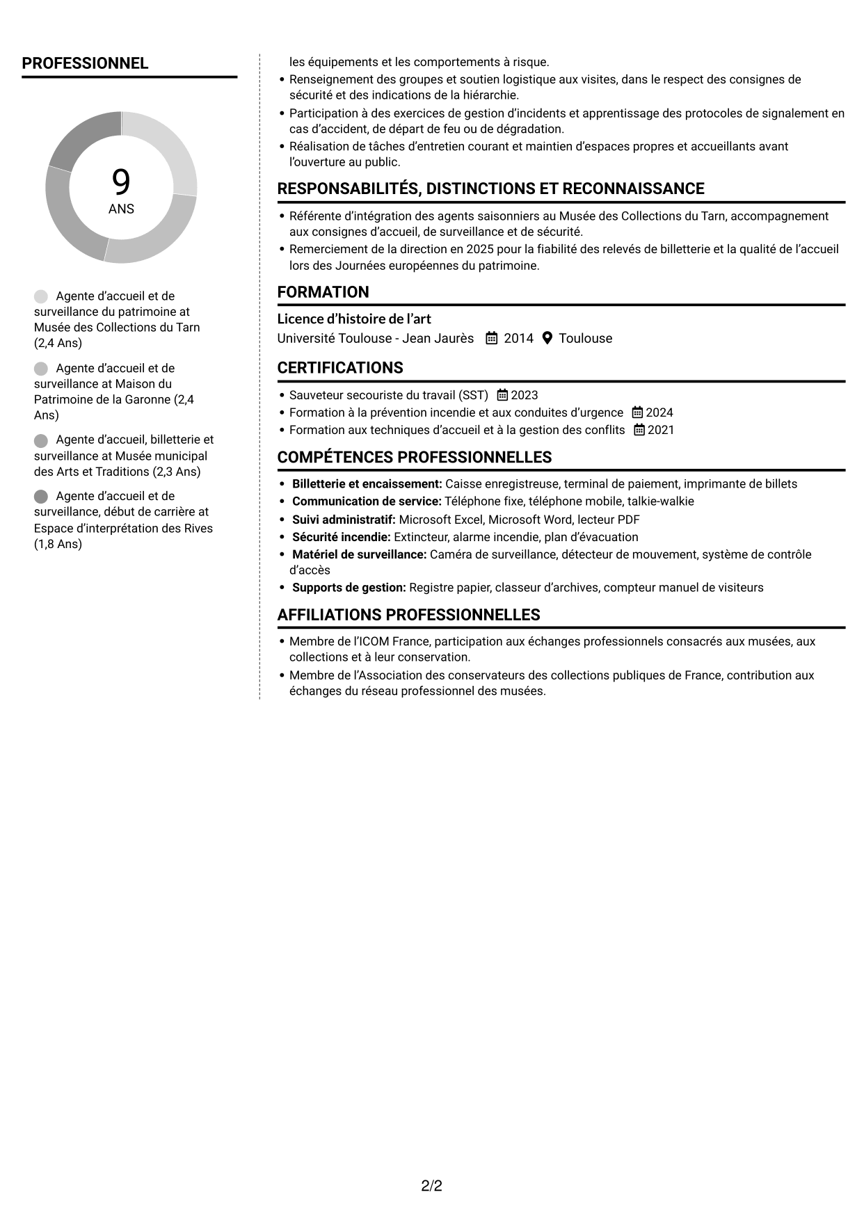 CV Moderne (format à deux colonnes avec photo à gauche et séparateur) : Agent d’accueil et de surveillance du patrimoine, page 2