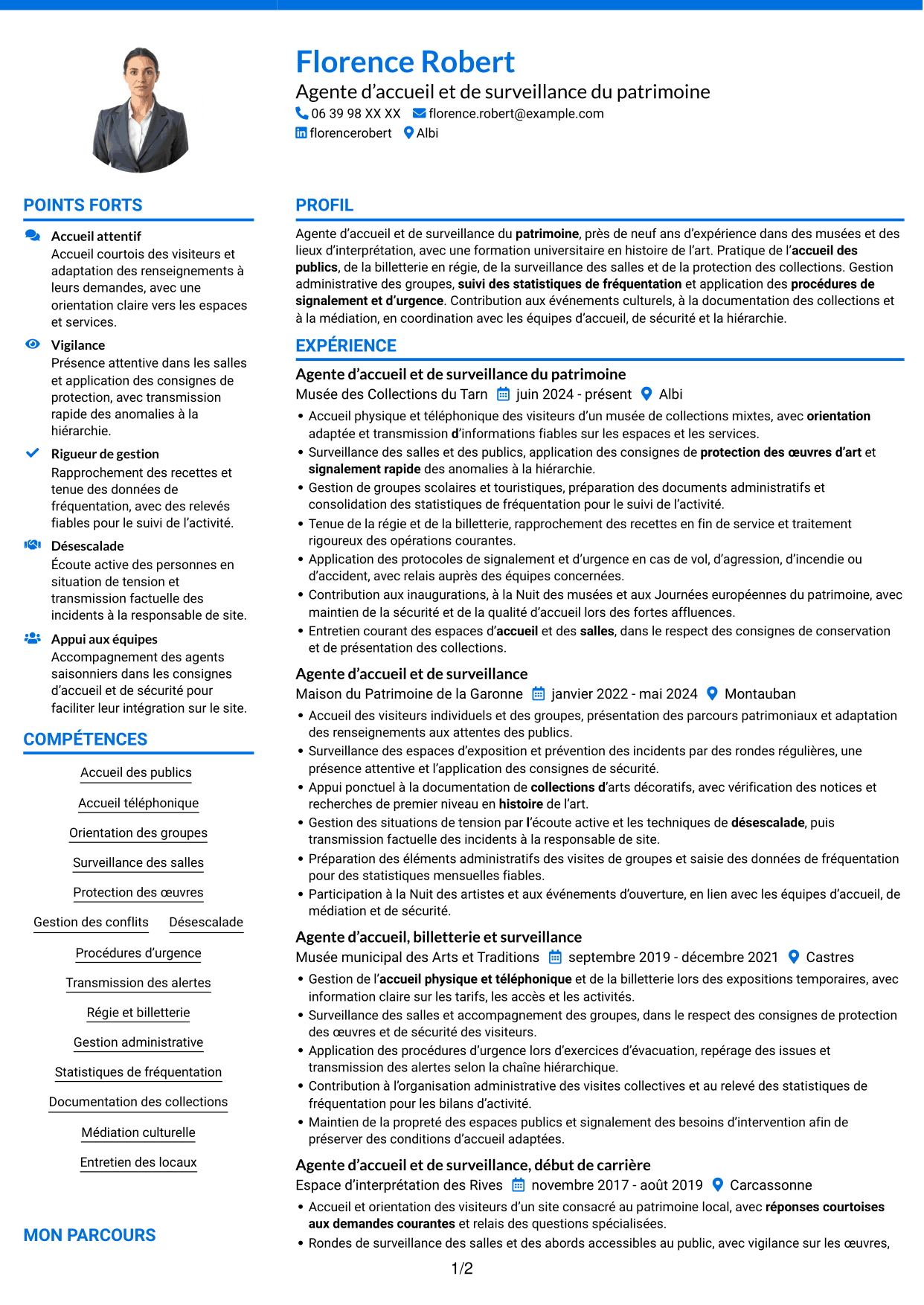 CV Audacieux (format à deux colonnes avec accents colorés et photo) : Agent d’accueil et de surveillance du patrimoine, page 1