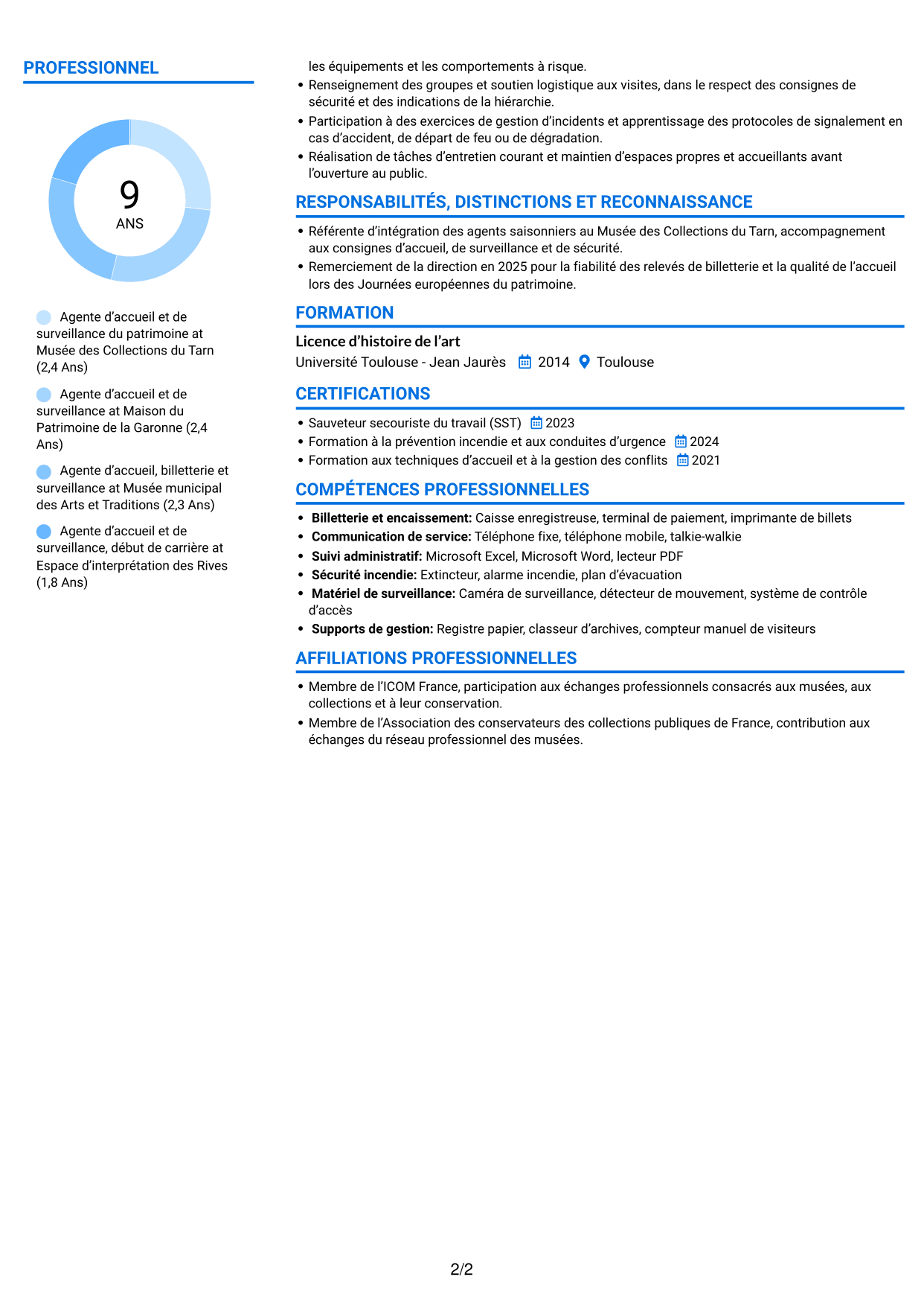 CV Audacieux (format à deux colonnes avec accents colorés et photo) : Agent d’accueil et de surveillance du patrimoine, page 2
