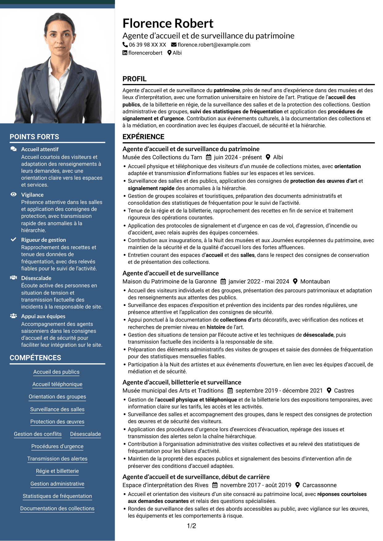 CV Signature (format à colonne latérale colorée avec grande photo) : Agent d’accueil et de surveillance du patrimoine, page 1