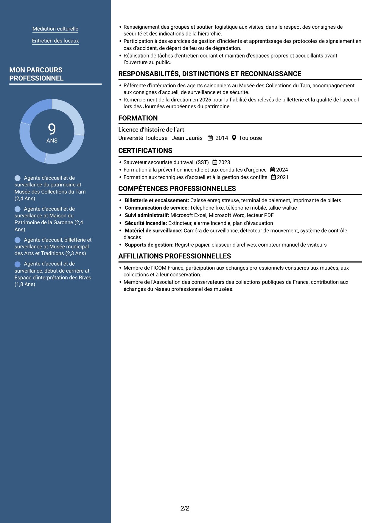 CV Signature (format à colonne latérale colorée avec grande photo) : Agent d’accueil et de surveillance du patrimoine, page 2